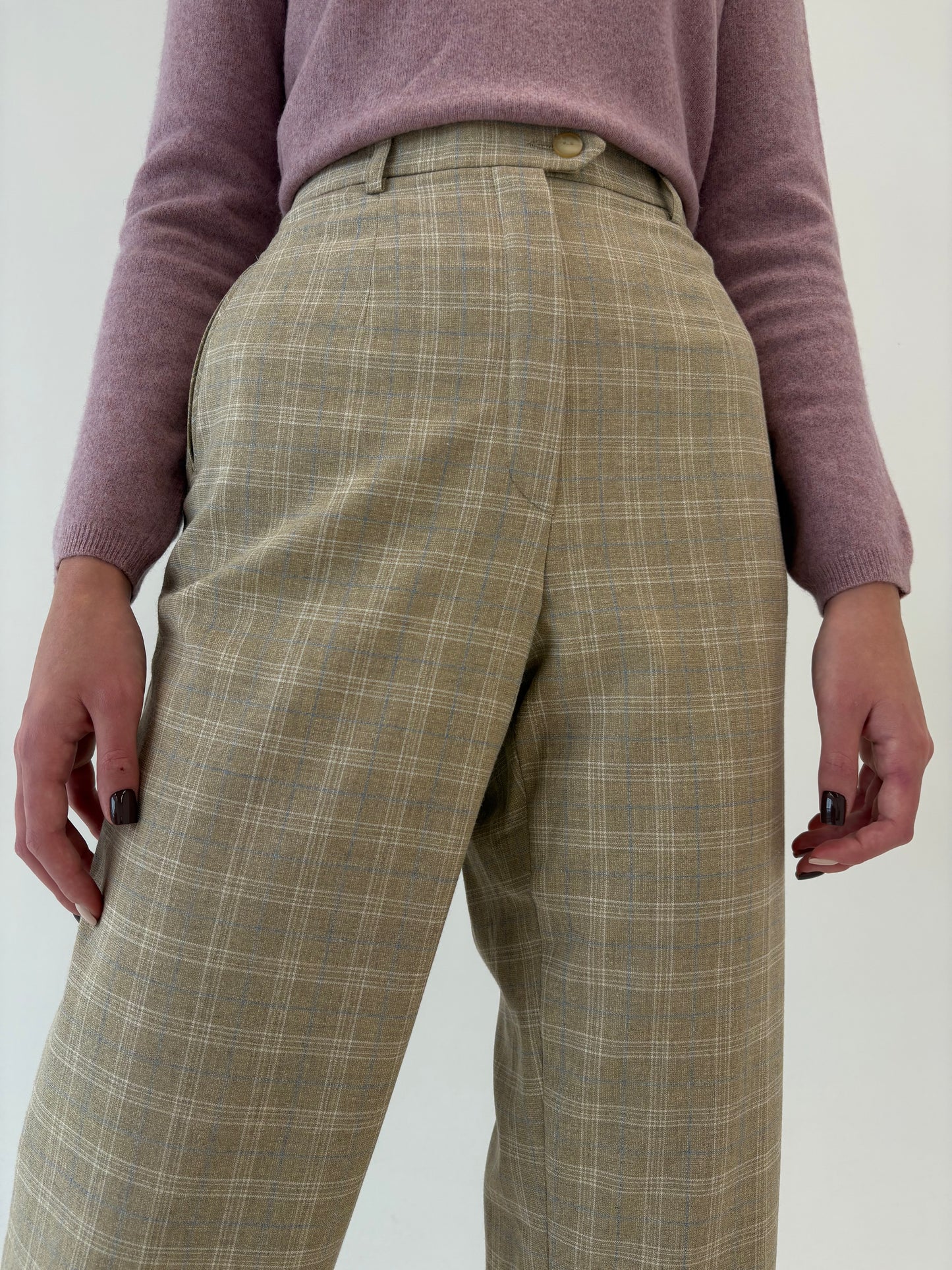 Pantaloni camel cu talie ultra înaltă țigaretă din lana extrafina în carouri baby blue