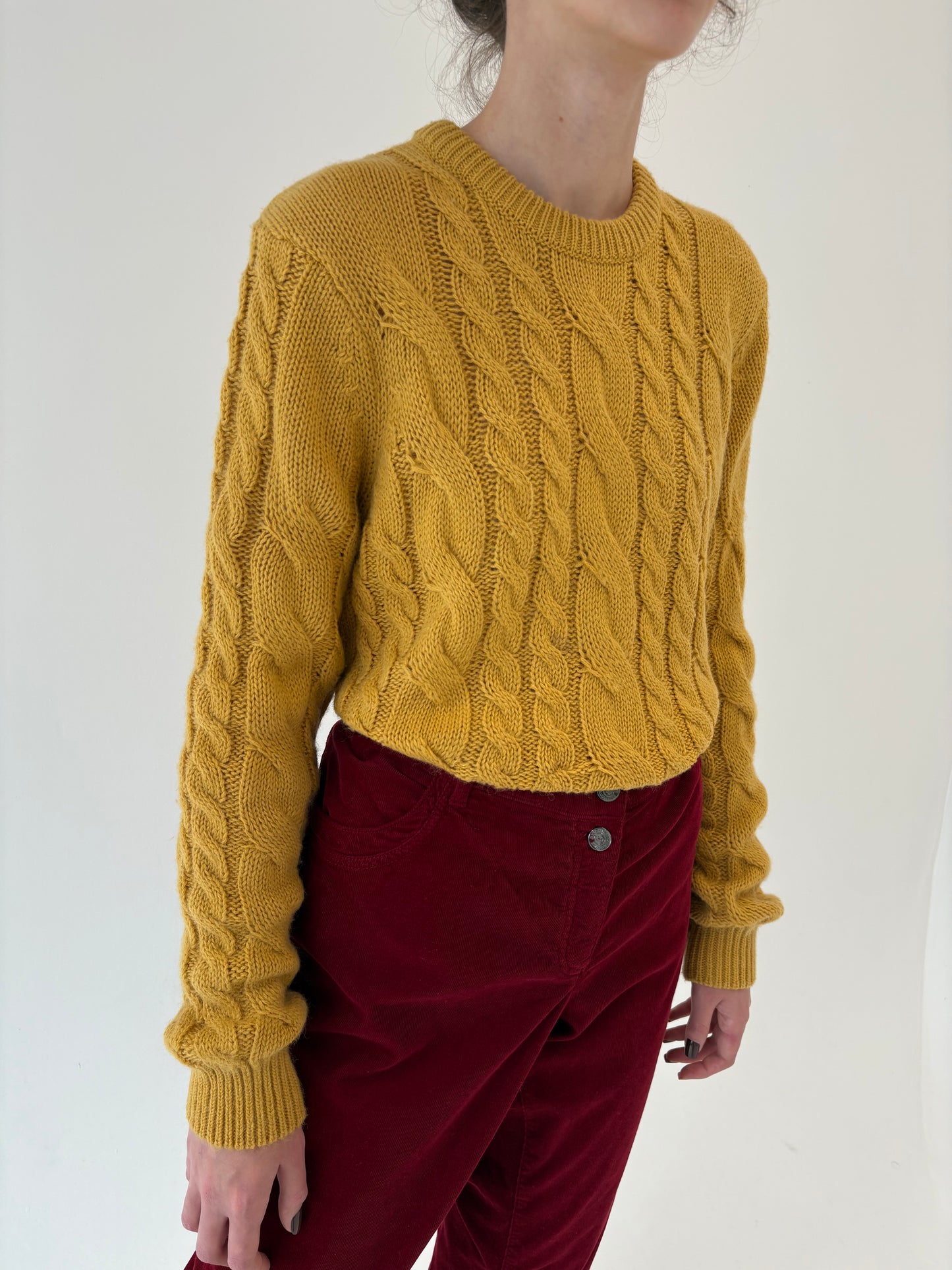 Pulover italian mustard yellow gros cu torsade din lana extrafina