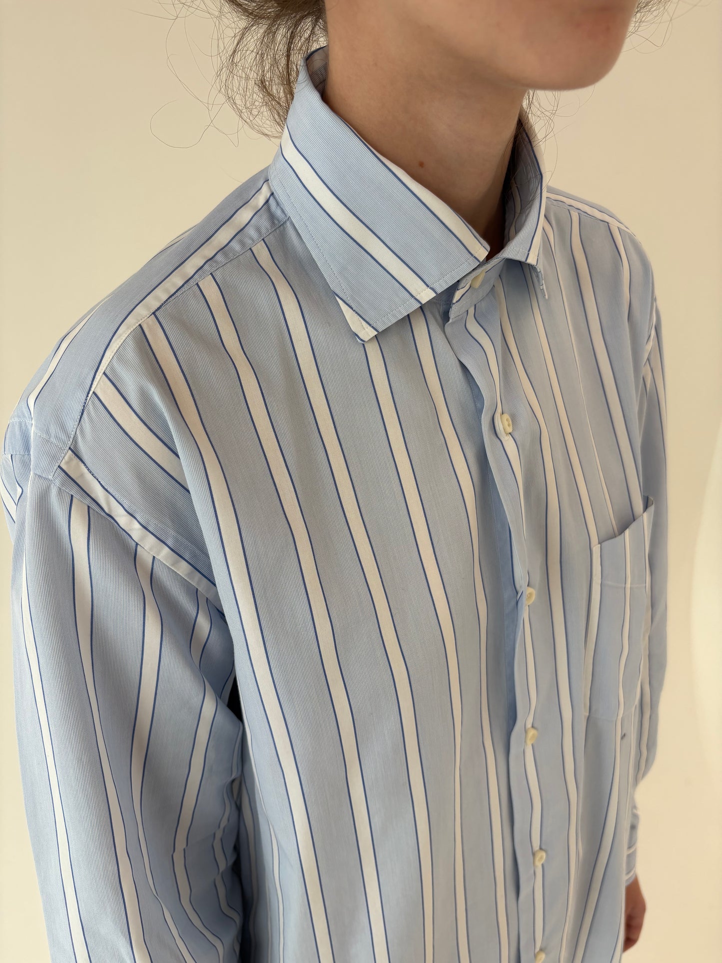Cămașa baby blue petite cu dungi verticale din poplin premium de bumbac