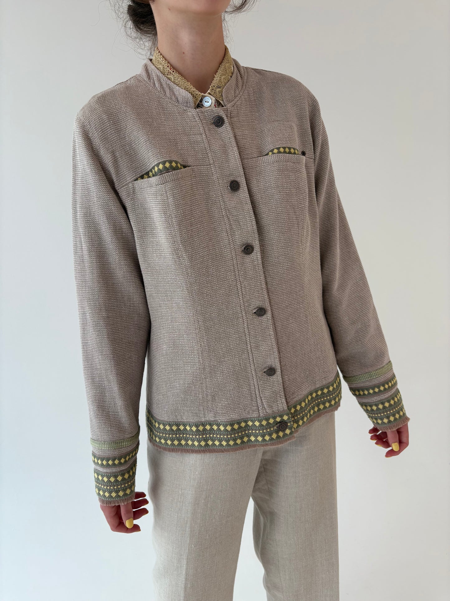 Sacou tall de bumbac cu broderie din pânză grea de in și bumbac