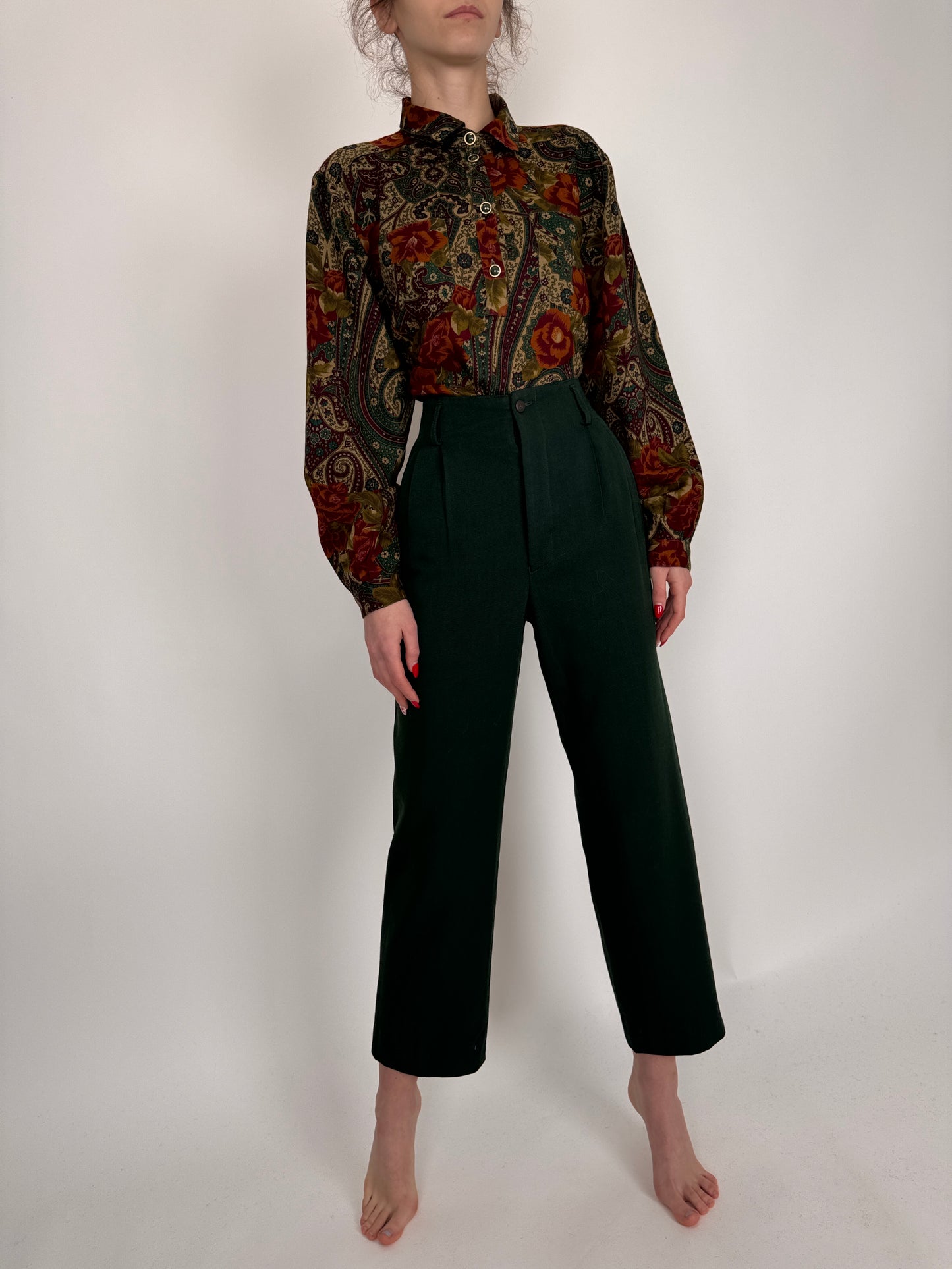 Pantaloni dark green din lana extrafina cu talie ultra înaltă