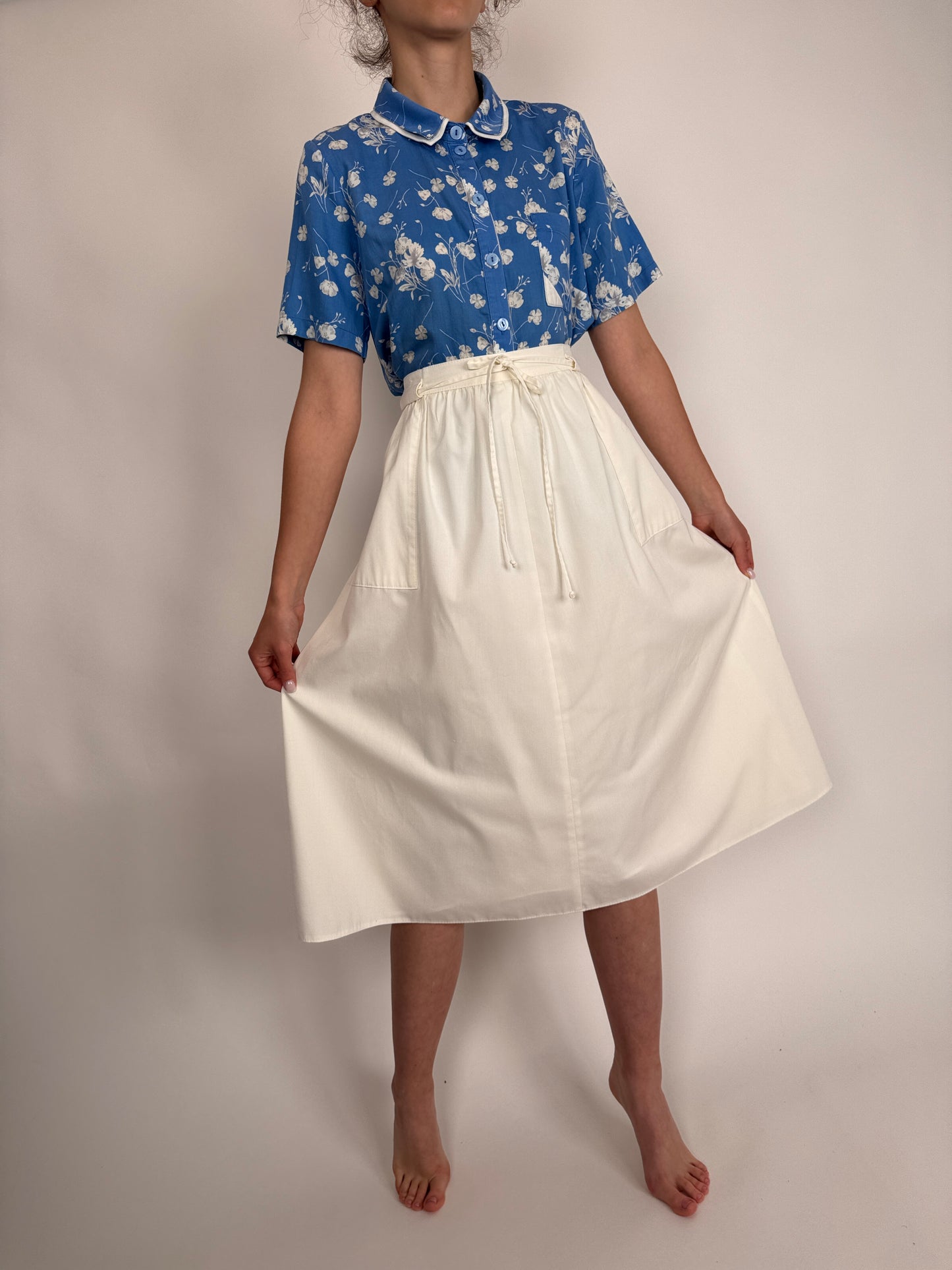Fustă vintage butter white cu talie ultra înaltă și buzunare