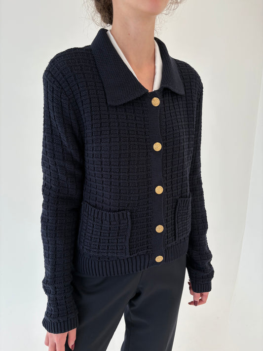 Jacheta Navy cu nasturi aurii din tricot gros de bumbac de gramaj mare