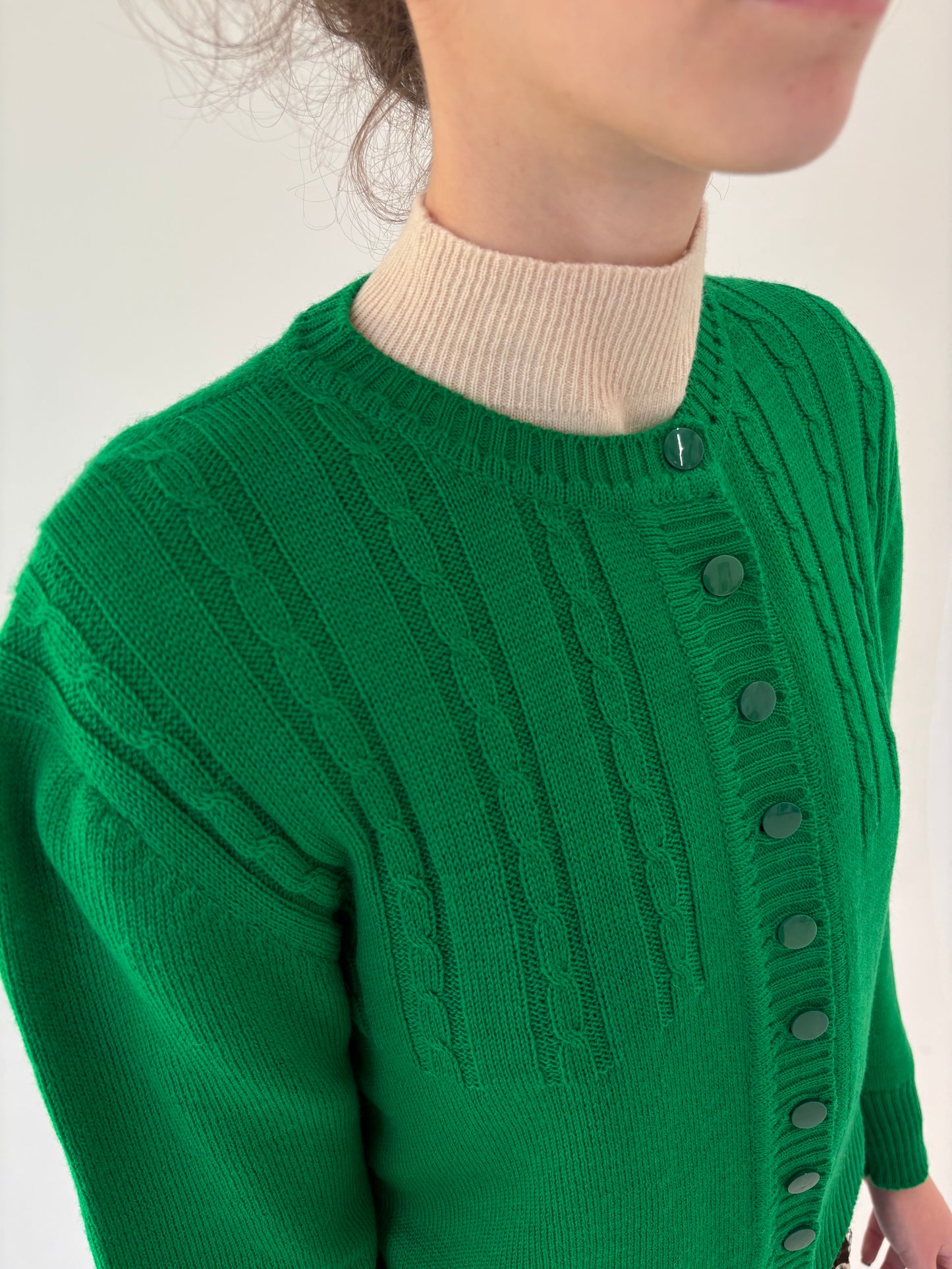 Cardigan vintage gros verde tare tip jachetă din lana fina plină