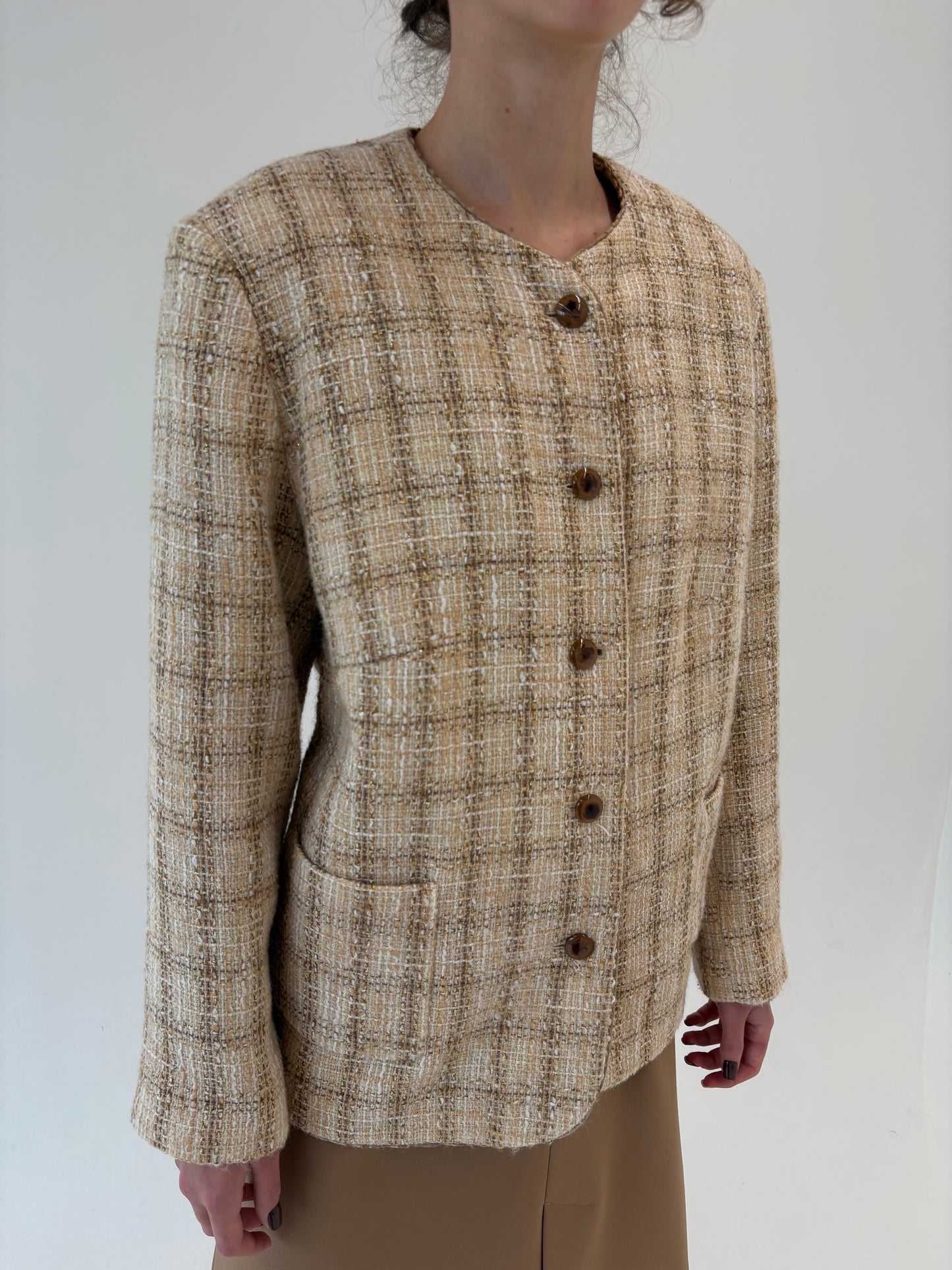 Sacou in stil Chanel din tweed gros excepțional în nuanțe de camel