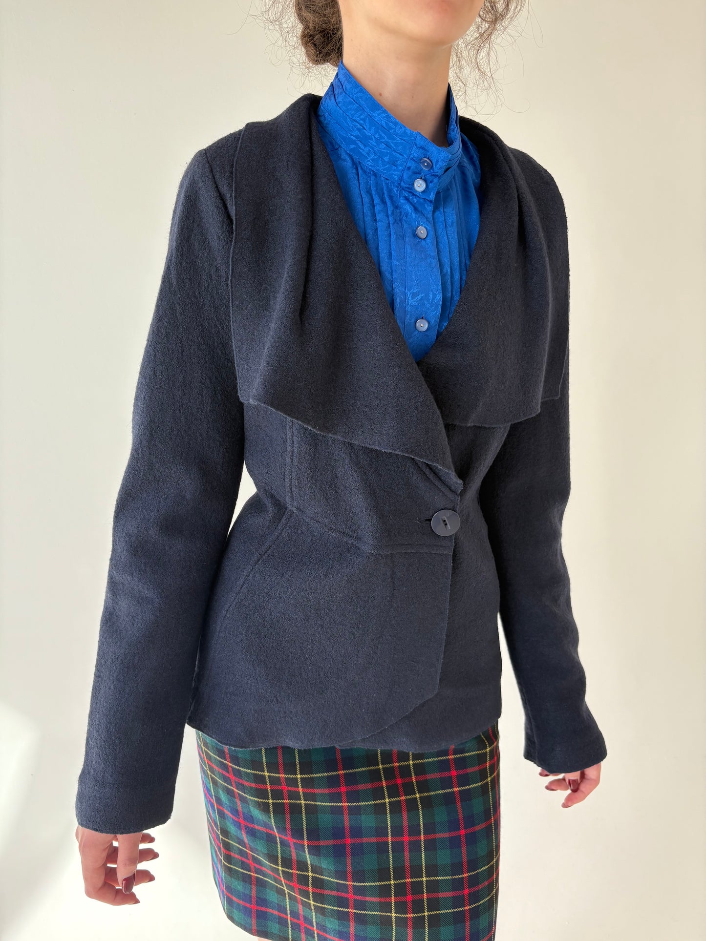 Sacou italian dark blue gray cu guler supradimensionat din lana de toamnă
