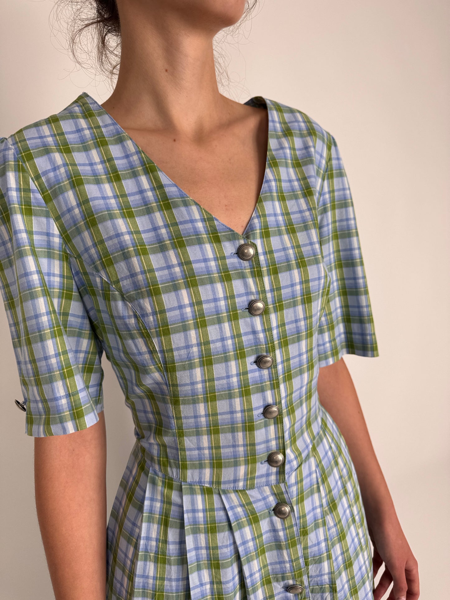 Rochie vintage în carouri din pânză de bumbac cu spate reglabil