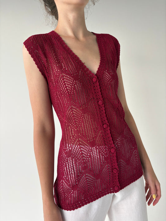 Top rasberry red din macrame de bumbac