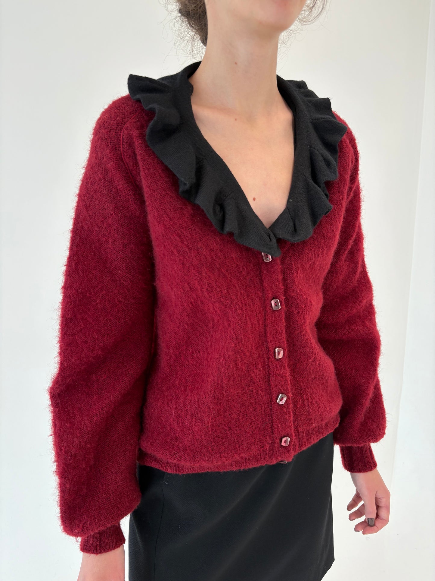 Cardigan vintage burgundy din baby mohair cu manșete îngustate