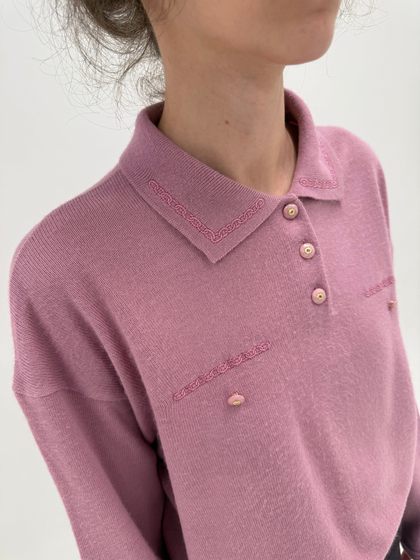 Pulover vintage polo dusty pink petite din lana merino extrafina în croi lejer