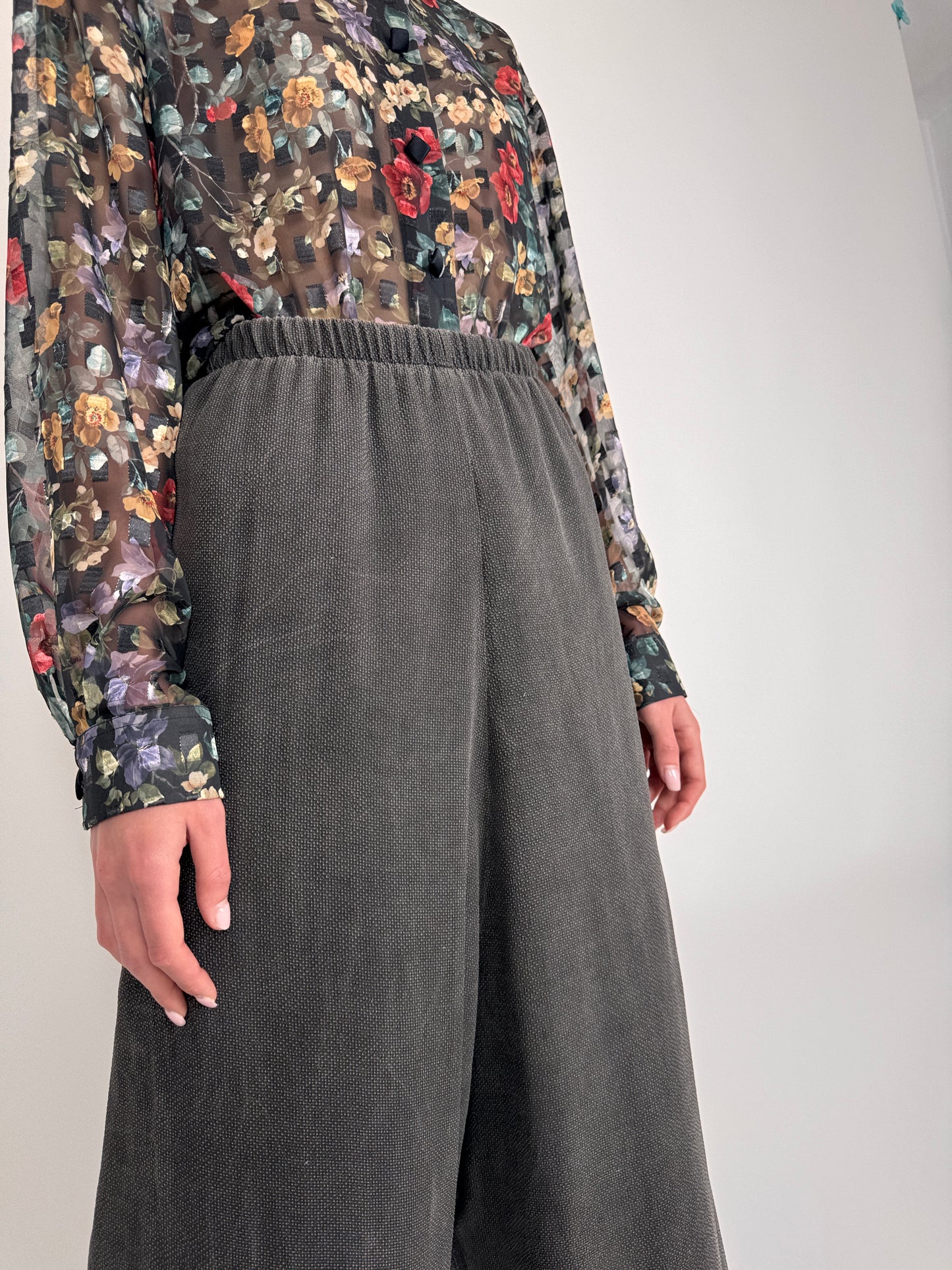 Pantaloni palazzo din mătase naturală mată texturată cu talie ultra înaltă