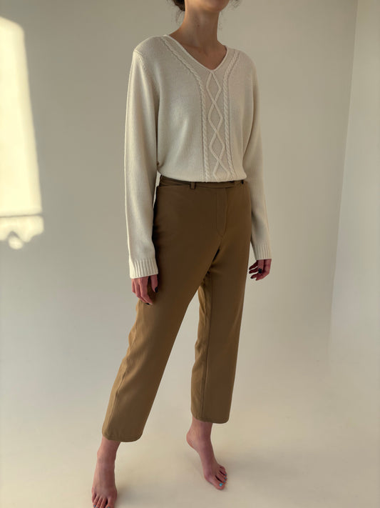 Pantaloni camel din stofă de lana extrafina confort ușor modelatoare