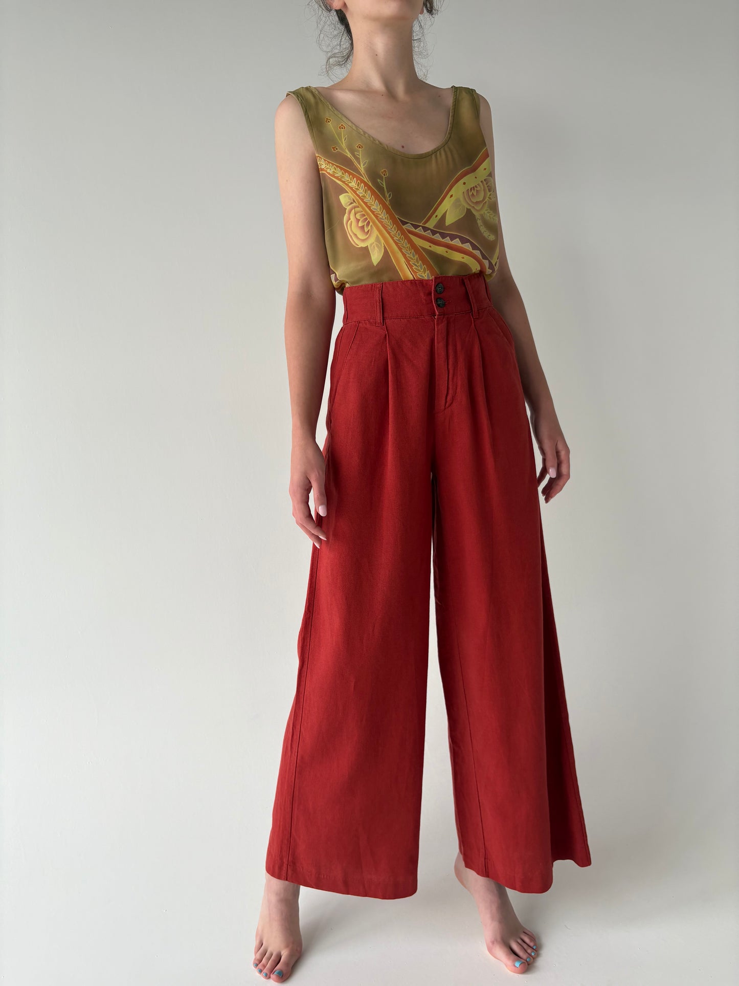 Pantaloni tall palazzo din in cu talie ultra înaltă marcată ușor strech