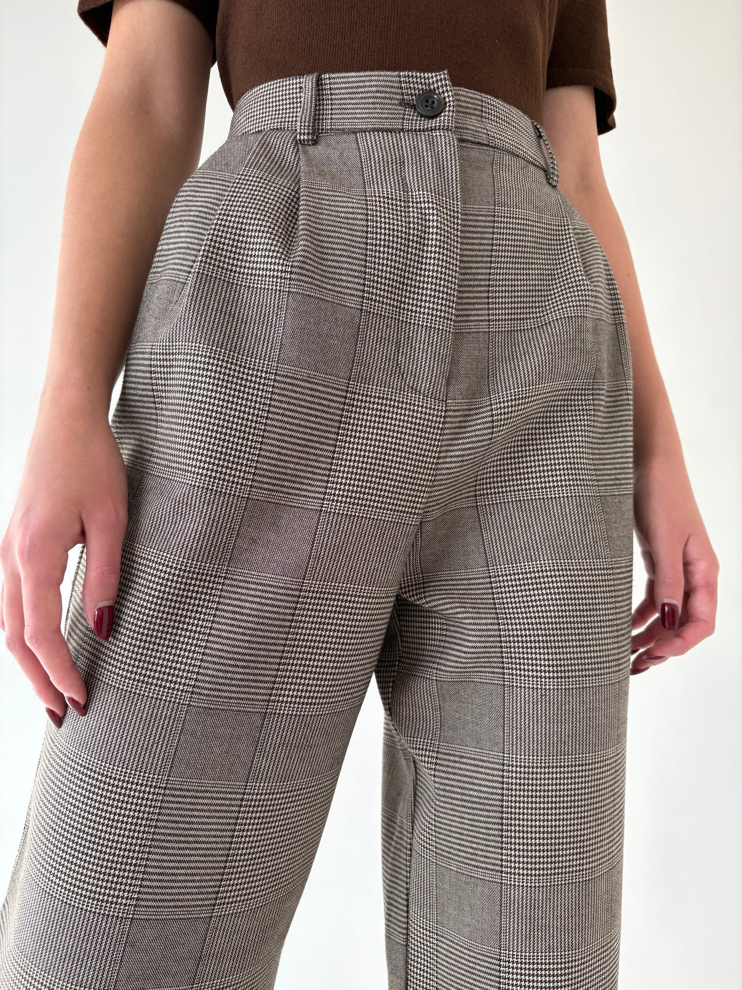 Pantaloni palazzo din stofita în carouri fine și culori neutre cu talie ultra înaltă