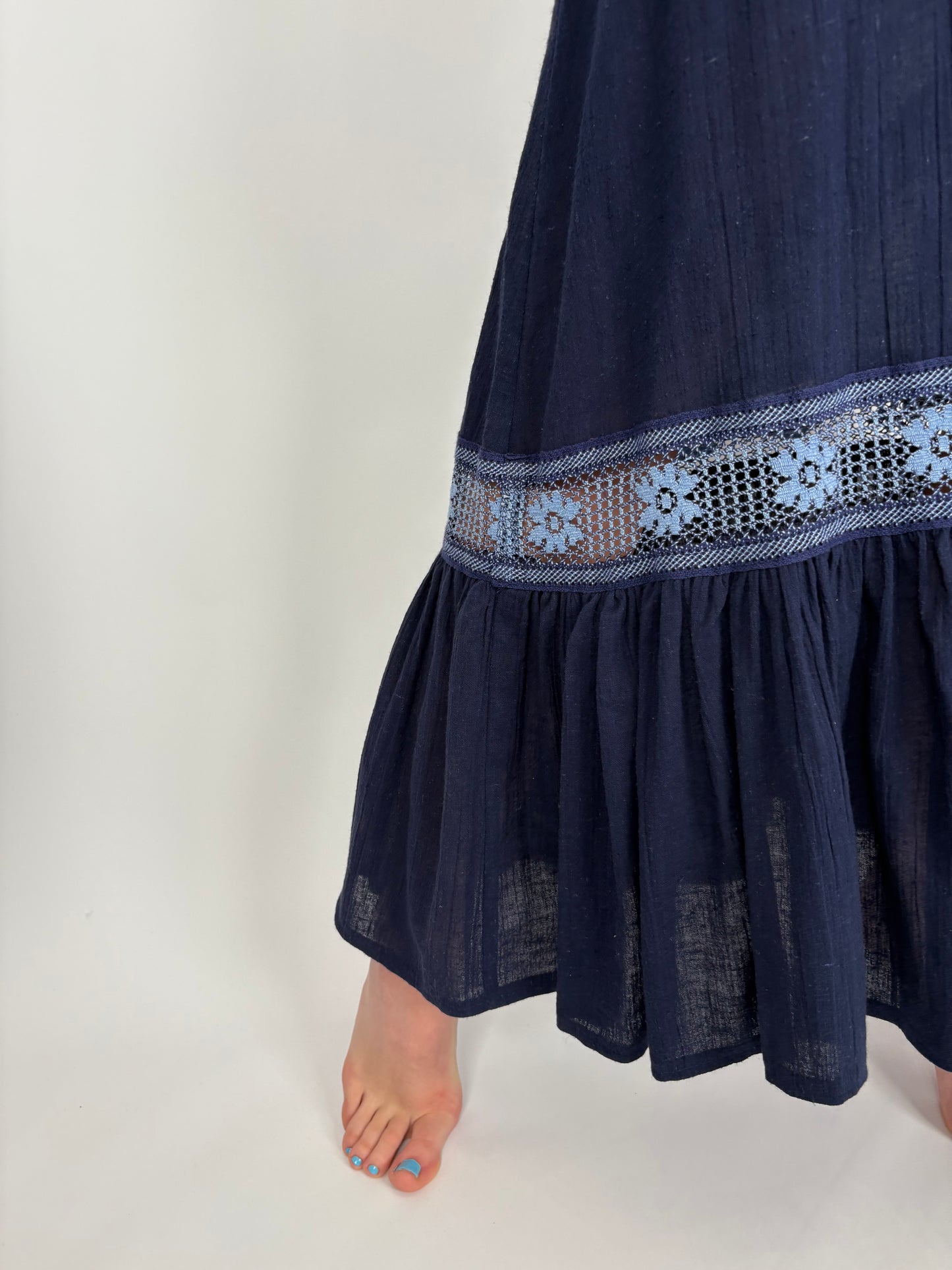 Rochie maxi vintage nouă din pânză cu dantelă macrame baby blue