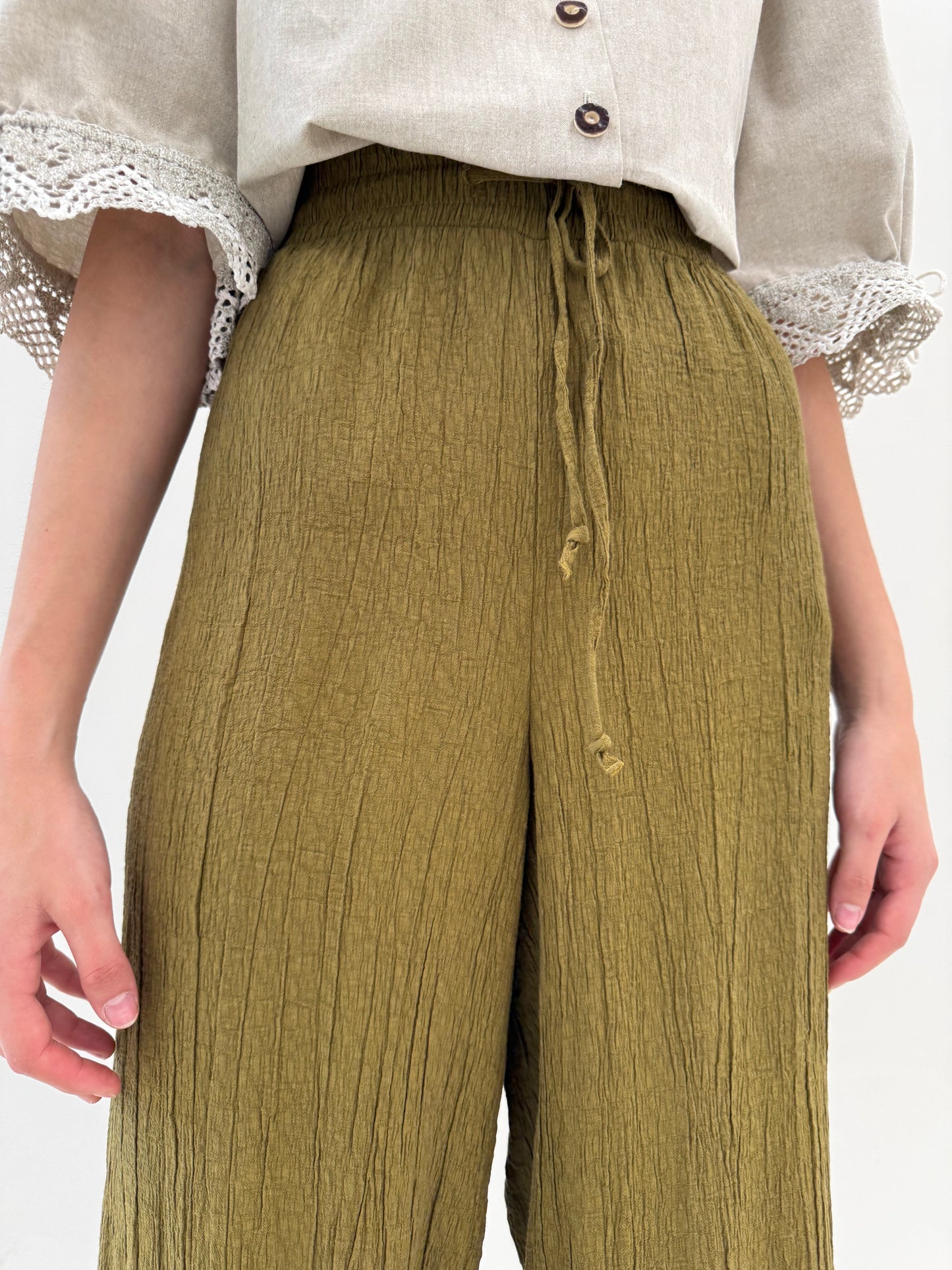Pantaloni tall kaki din panzica no iron cu talie ultra înaltă elastică