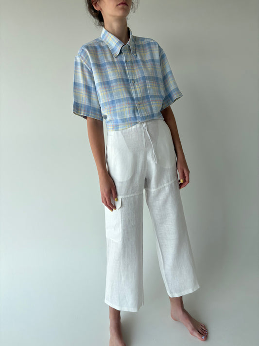 Pantaloni din in cu influențe sport și talie înaltă reglabilă