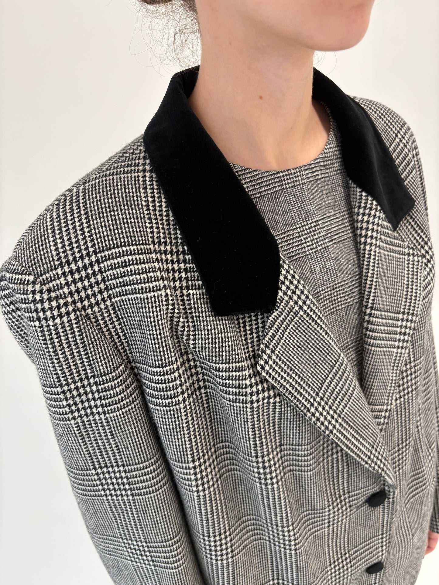 Sacou vintage pied de coq din Tartan de lana în carouri fine