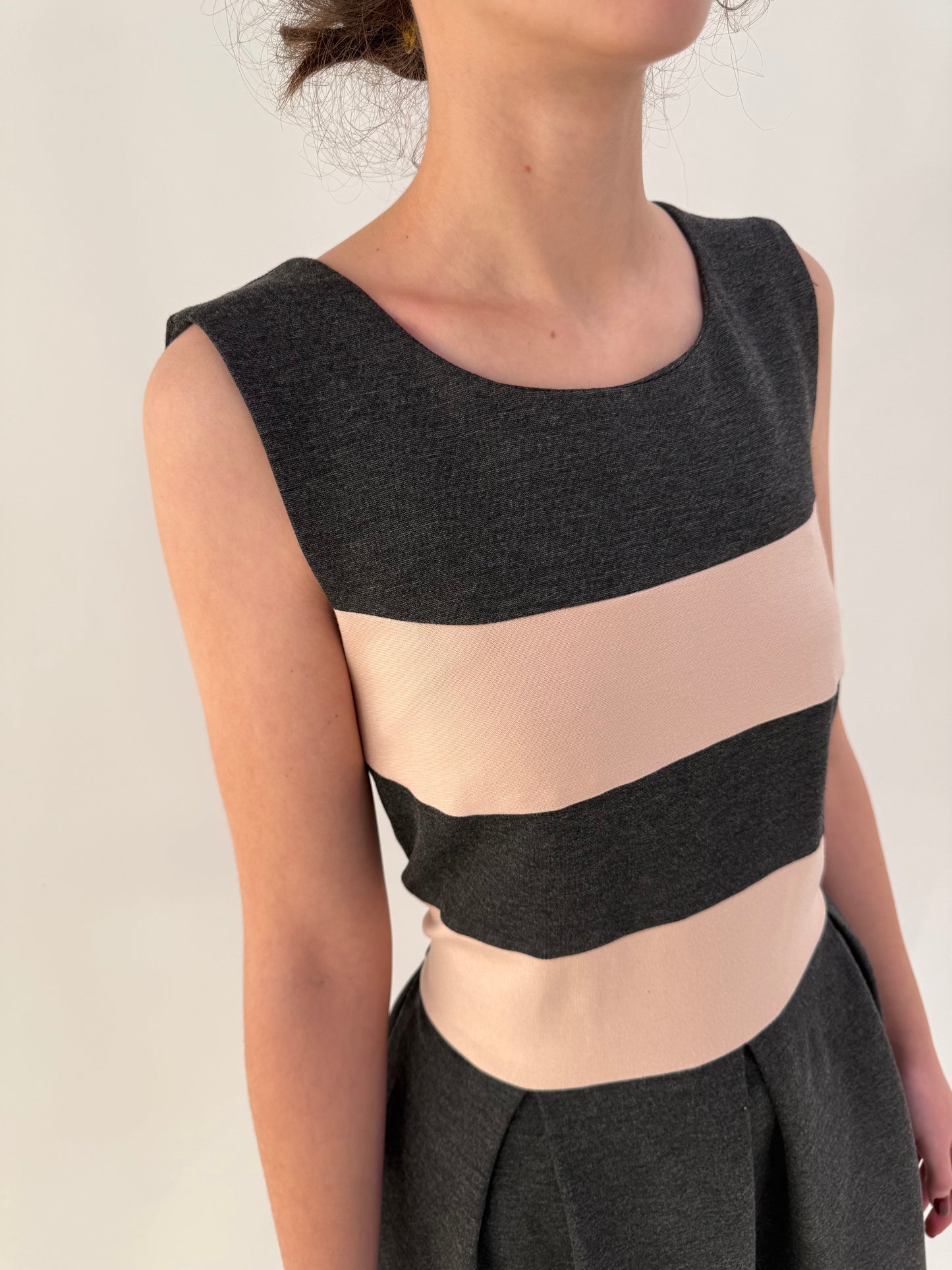 Rochie colorblock cu talie ultra marcată in dungi powder pink