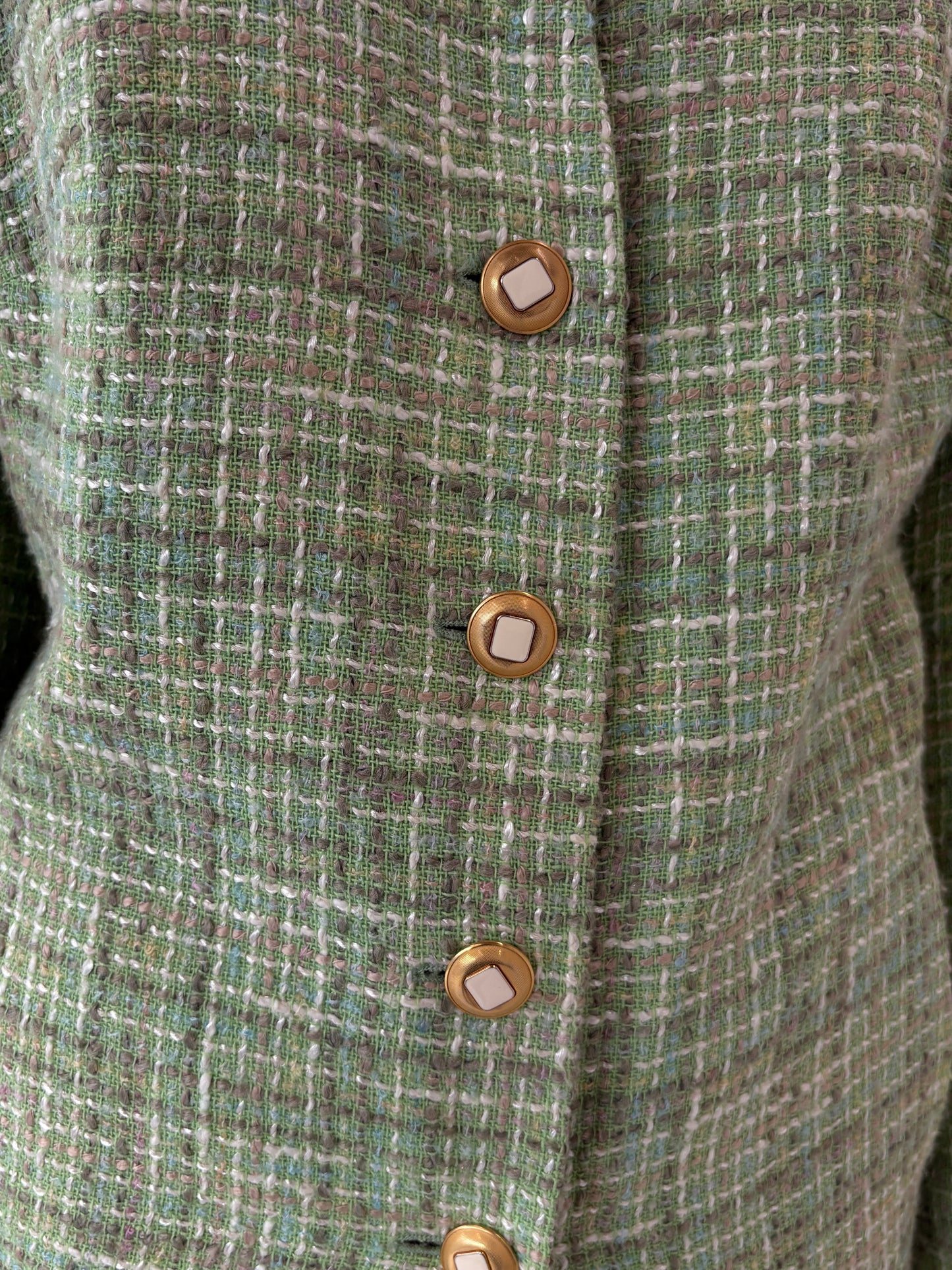 Sacou din tweed în stil Chanel verde crud ușor cambrat petite