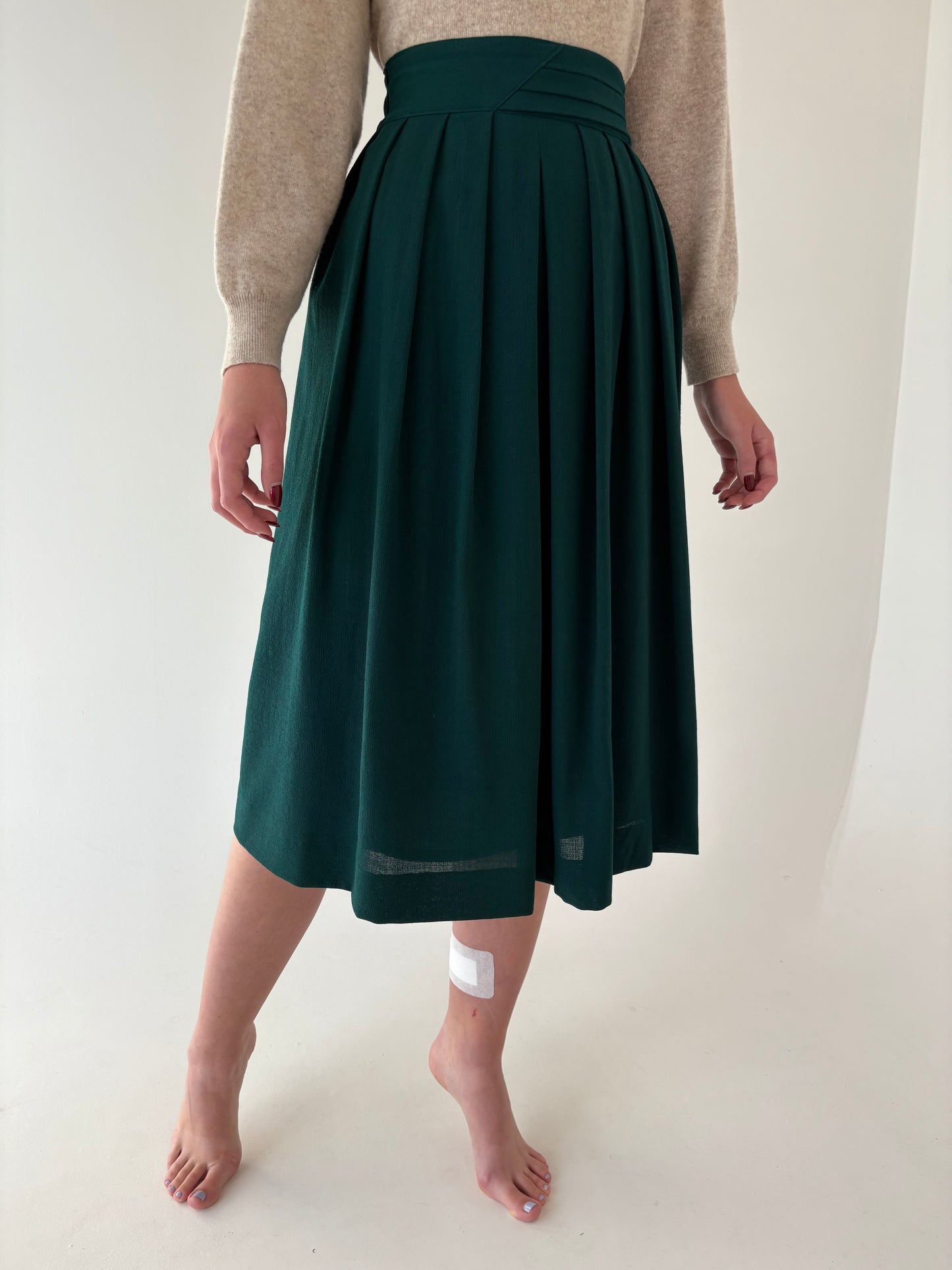 Fustă vintage verde superb din lana extrafina excepțională