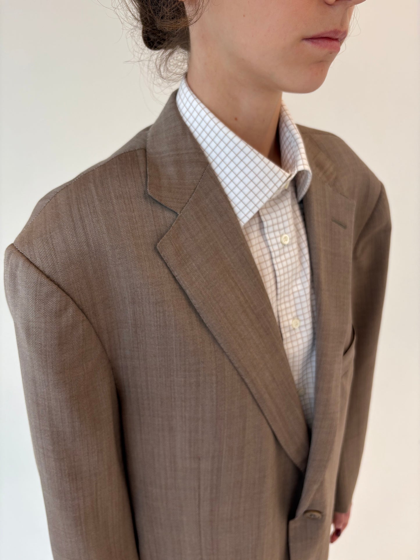 Sacou ultra luxury Zegna din stofă de lana Chevron camel și chocolate brown