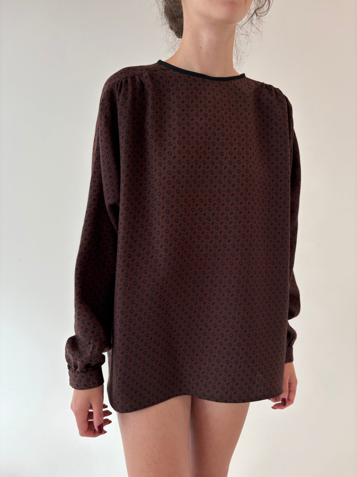 Bluză vintage chocolate brown din lana extrafina cu bust ușor drapat