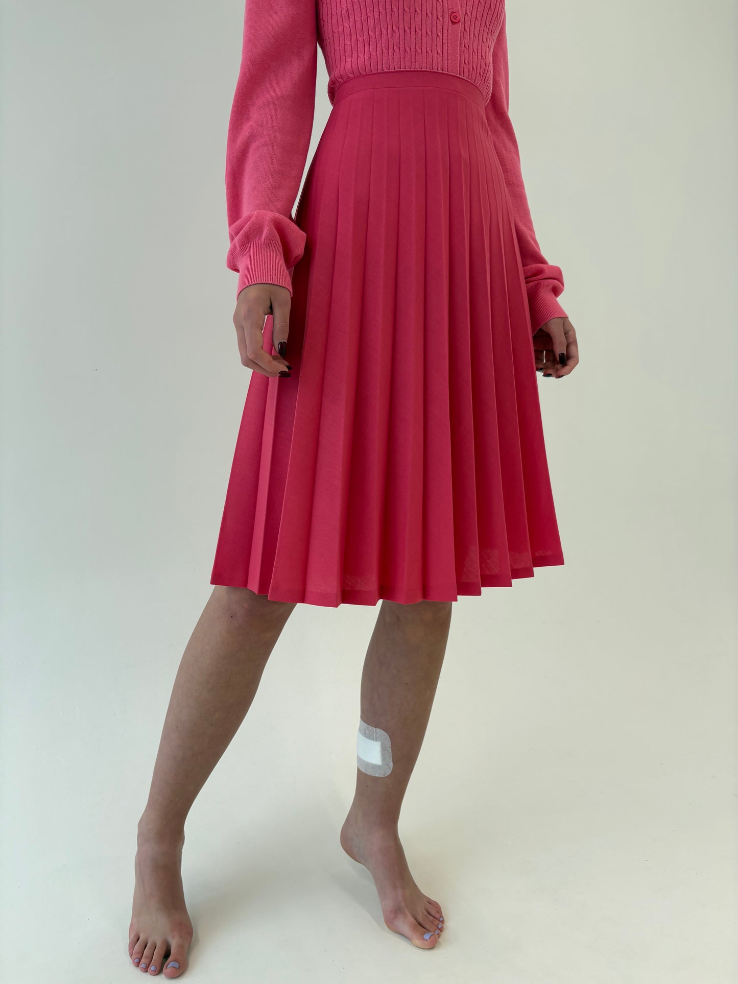 Fustă vintage plisată Barbie pink din stofita din mix de lana extrafina
