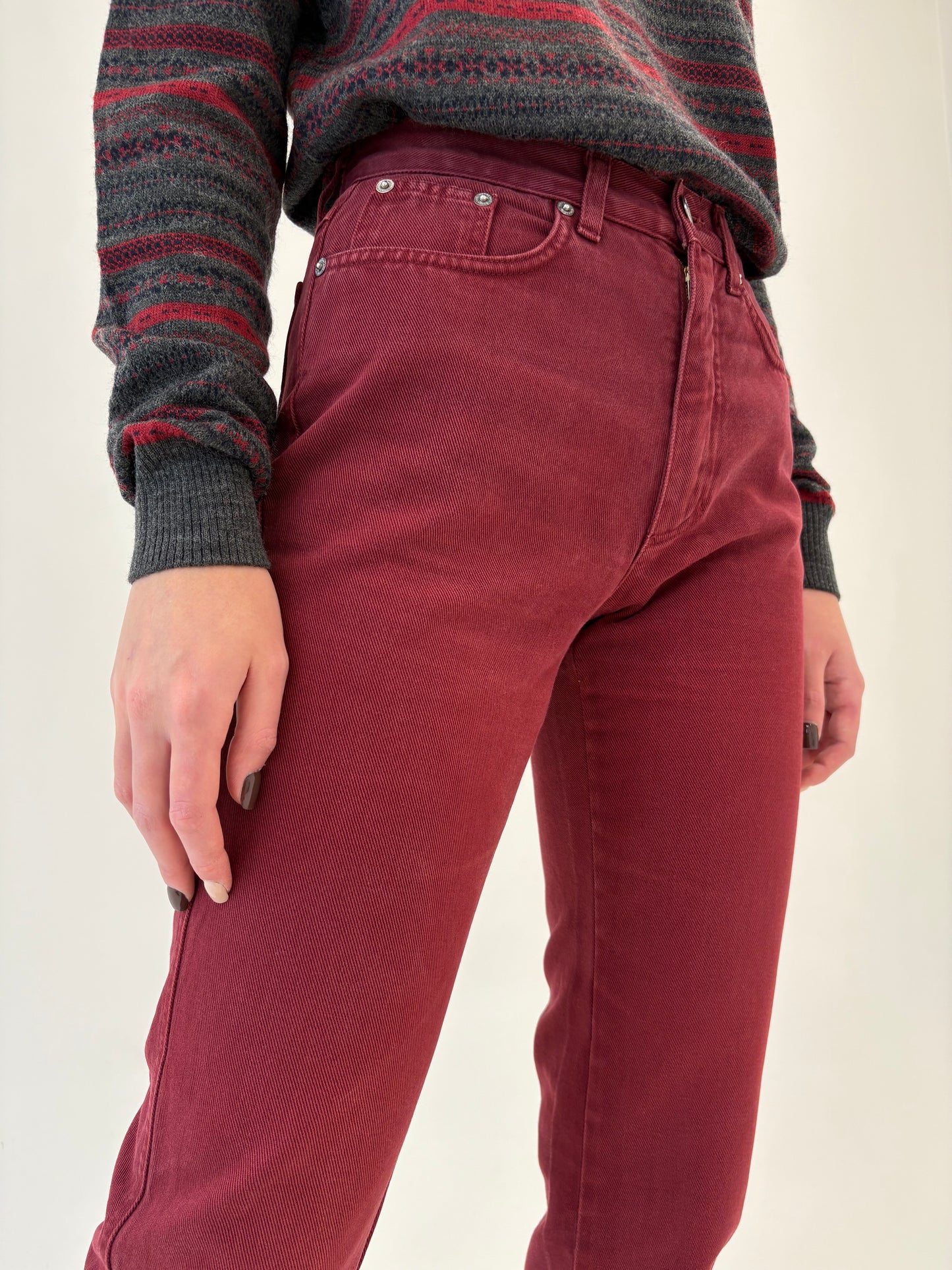 Jeans burgundy vintage premium Stefanel cu talie înaltă mom fit