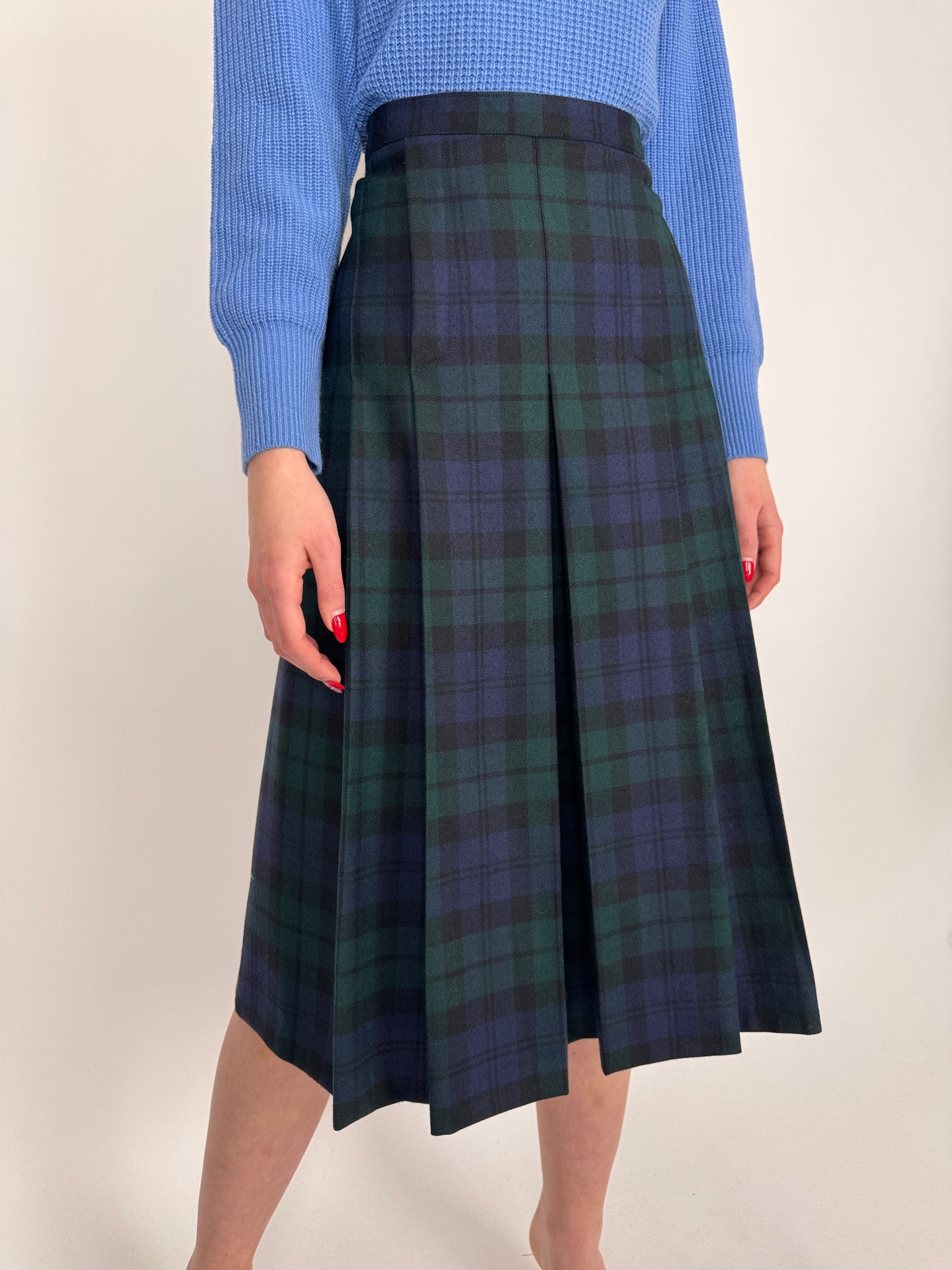 Fustă plisată cu talie înaltă marcată din Tartan de lana pura certificată