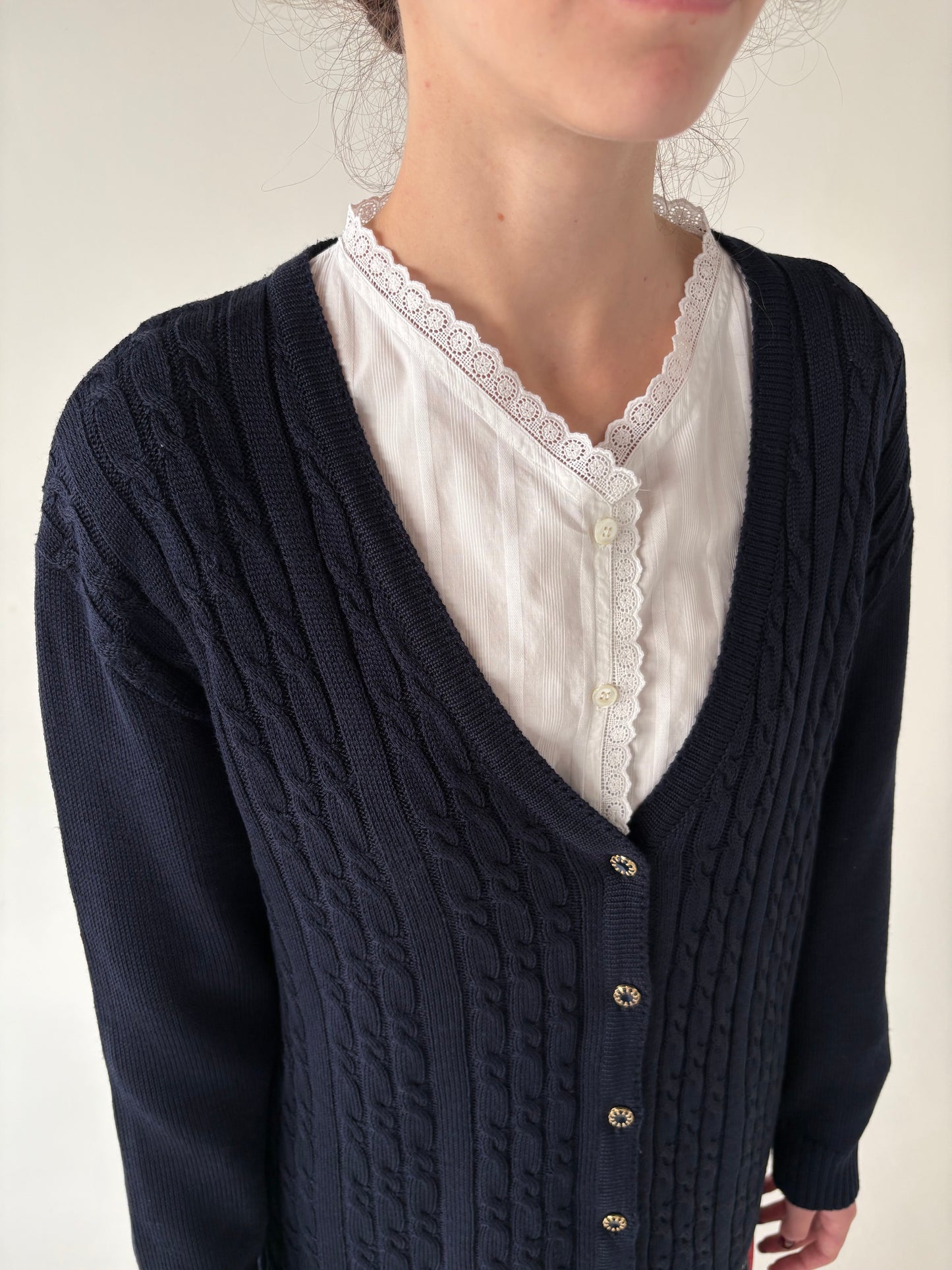 Cardigan vinatge Navy blue cu torsade din lana extrafina de gramaj mare