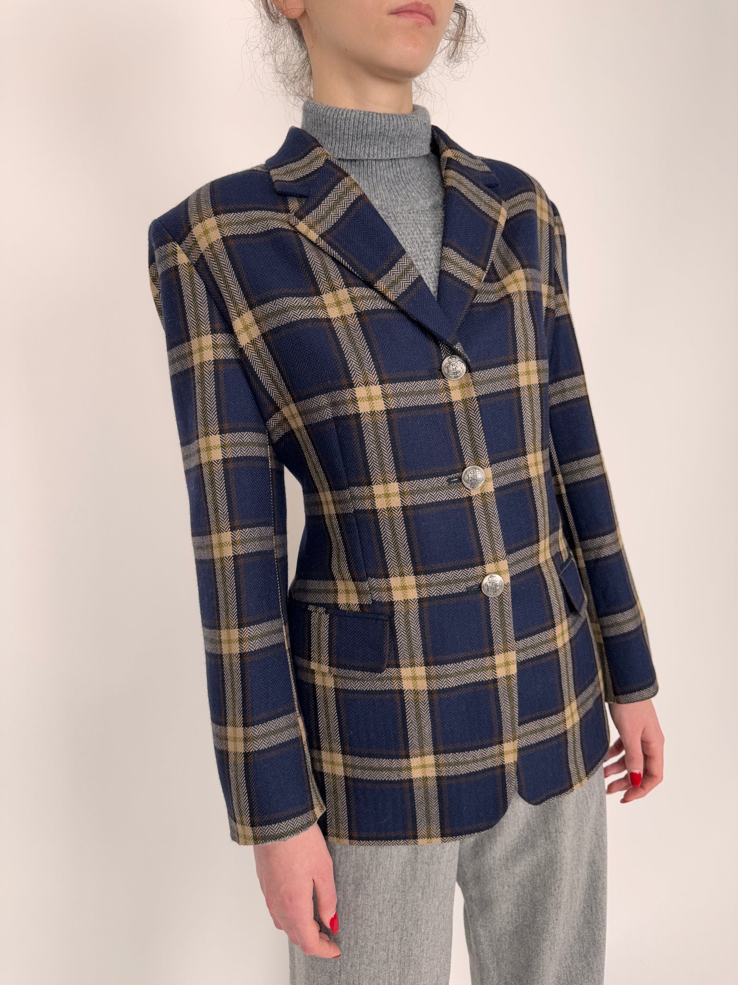 Sacou din Tartan de lana pura certificată în carouri camel pe Navy