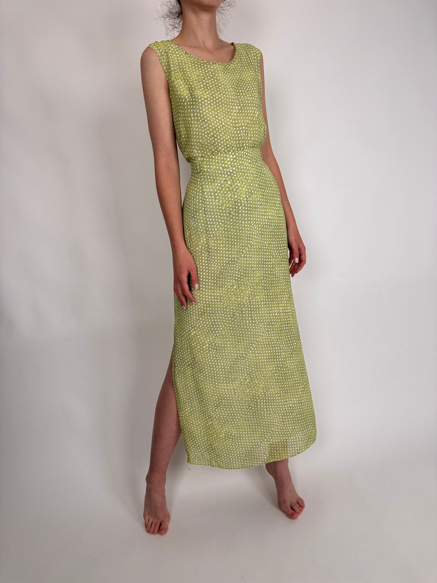 Set vintage în croi minimalist seaweed green cu buline și fustă maxi