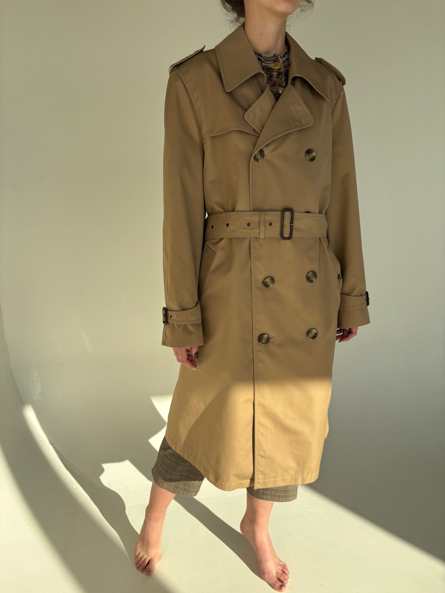Trench vintage camel din garbardina groasă cu lana impermeabilă tall