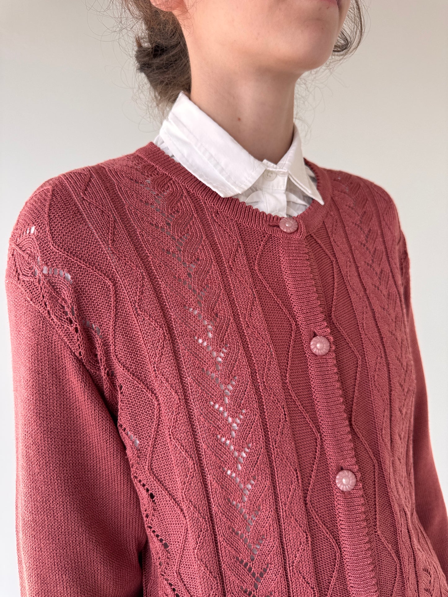 Cardigan vintage dantelat Old rose pink din jerse foarte ușor satinat
