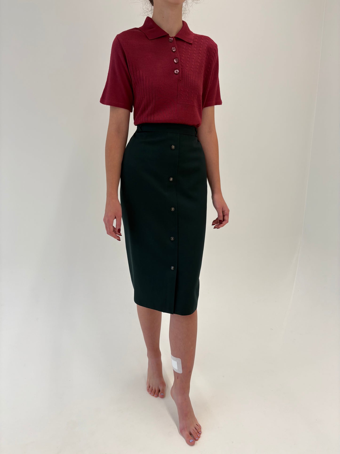 Fustă forest green cu talie ultra înaltă marcată elastică în croi conic