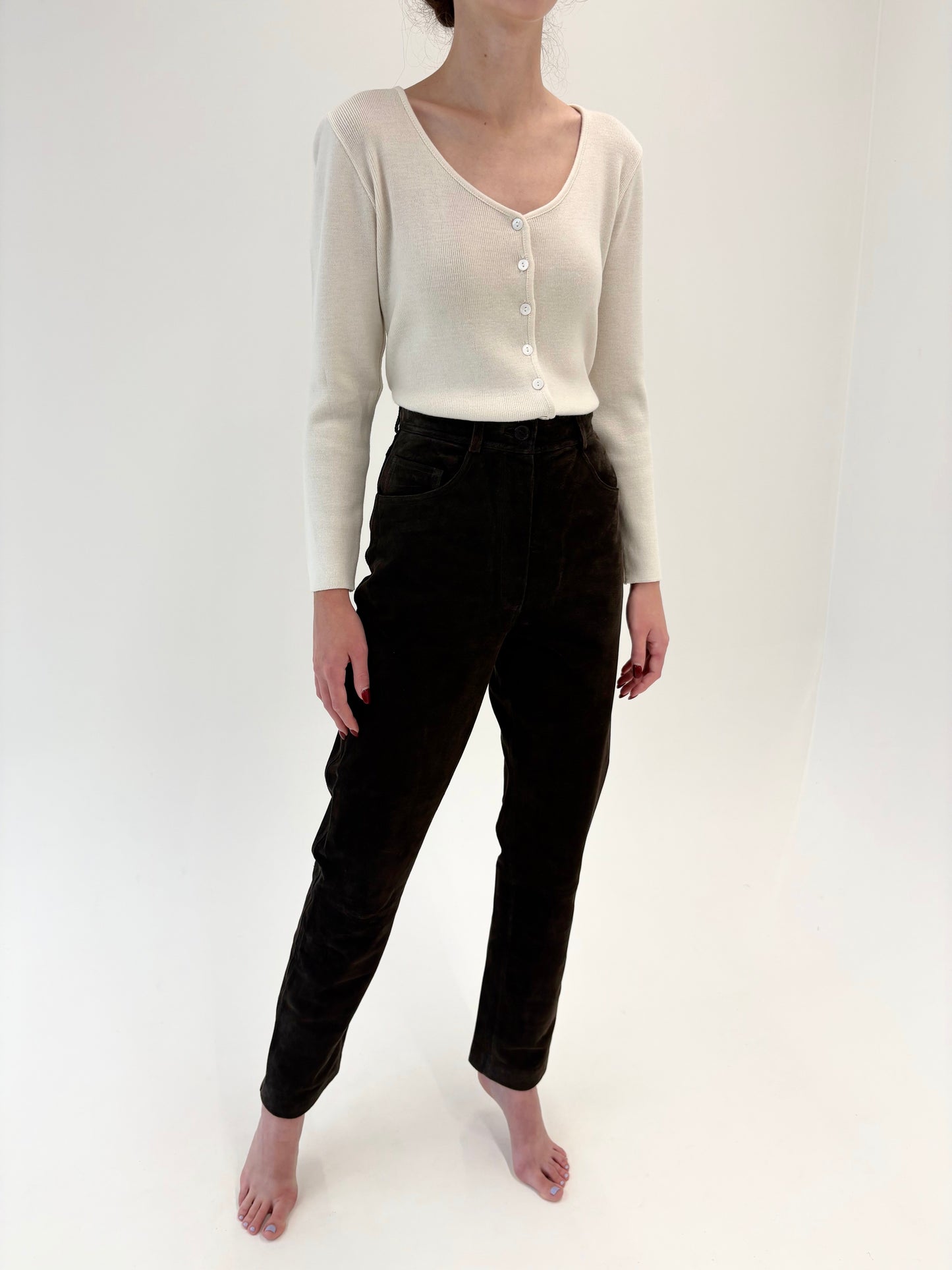Pantaloni tall din piele naturală dark chocolate brown