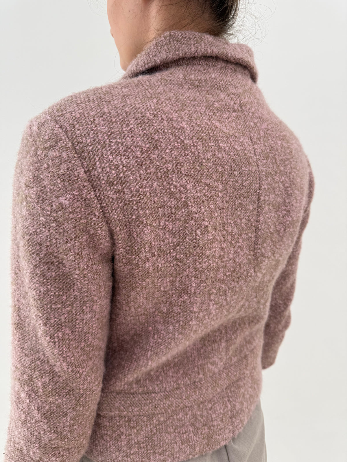 Jacheta old vintage petite anii 60 din tweed super gros boucle powder pink și camel
