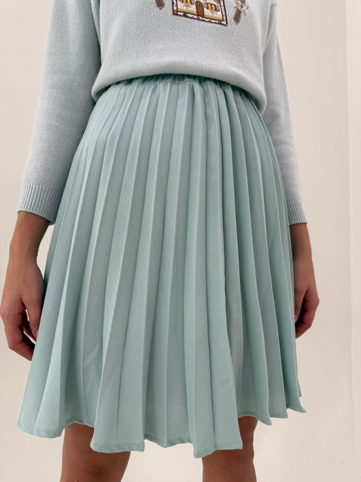 Fustă vintage plisată mint green din lana extrafina cu talie ultra înaltă elastică