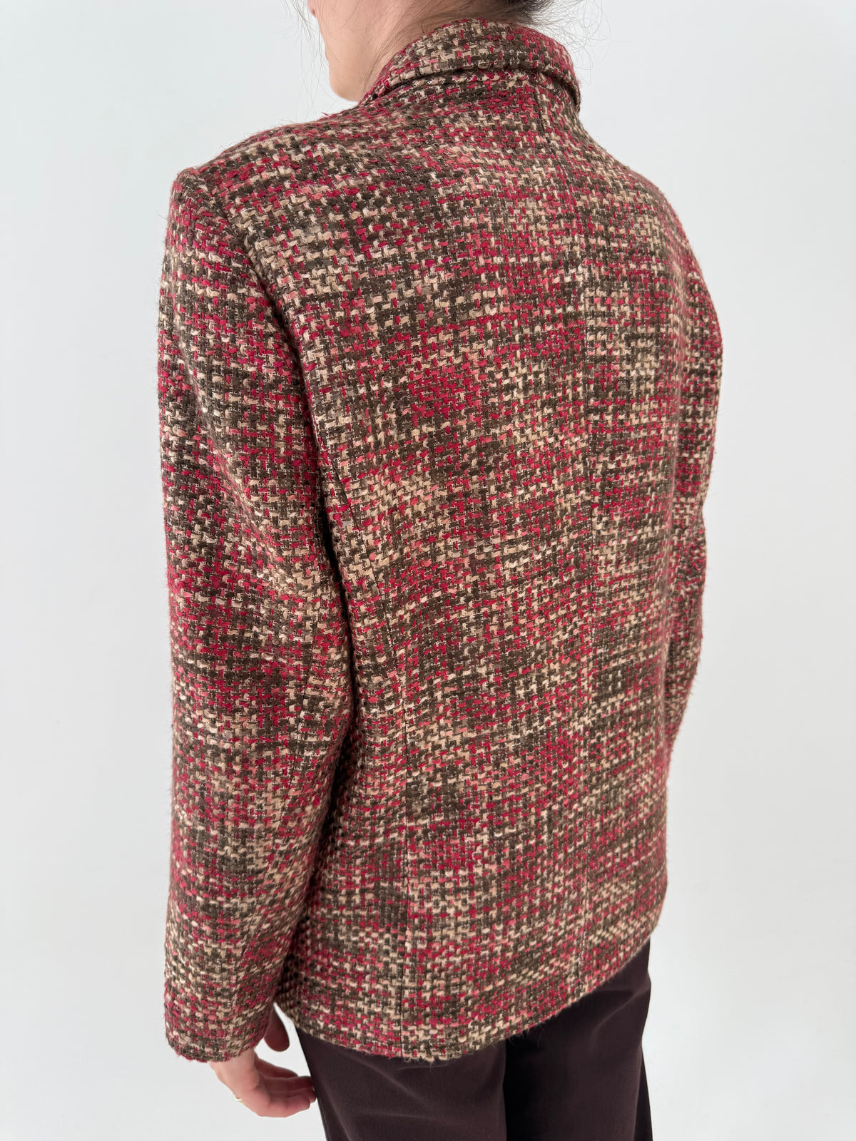 Sacou din tweed camel cu roșu și chocolate brown excepțional de brand premium