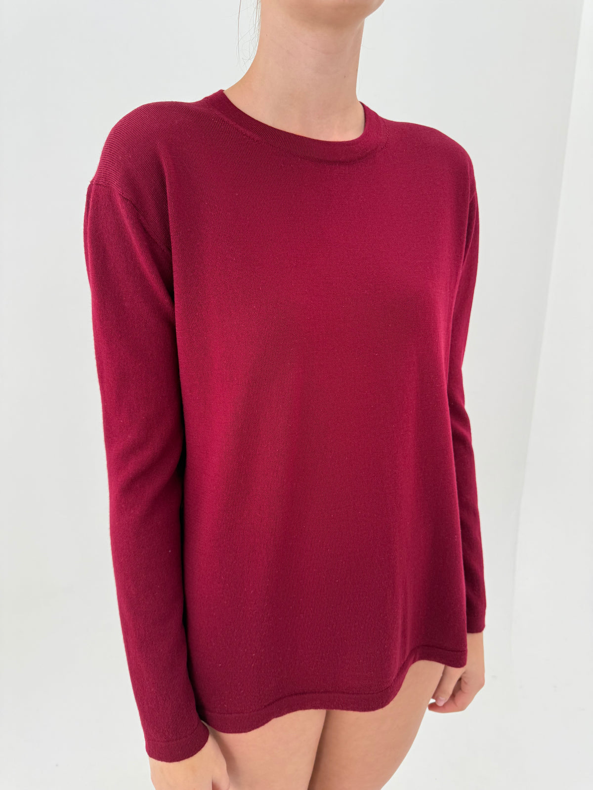 Pulover burgundy din lana merino extrafina de gramaj mare crew neck