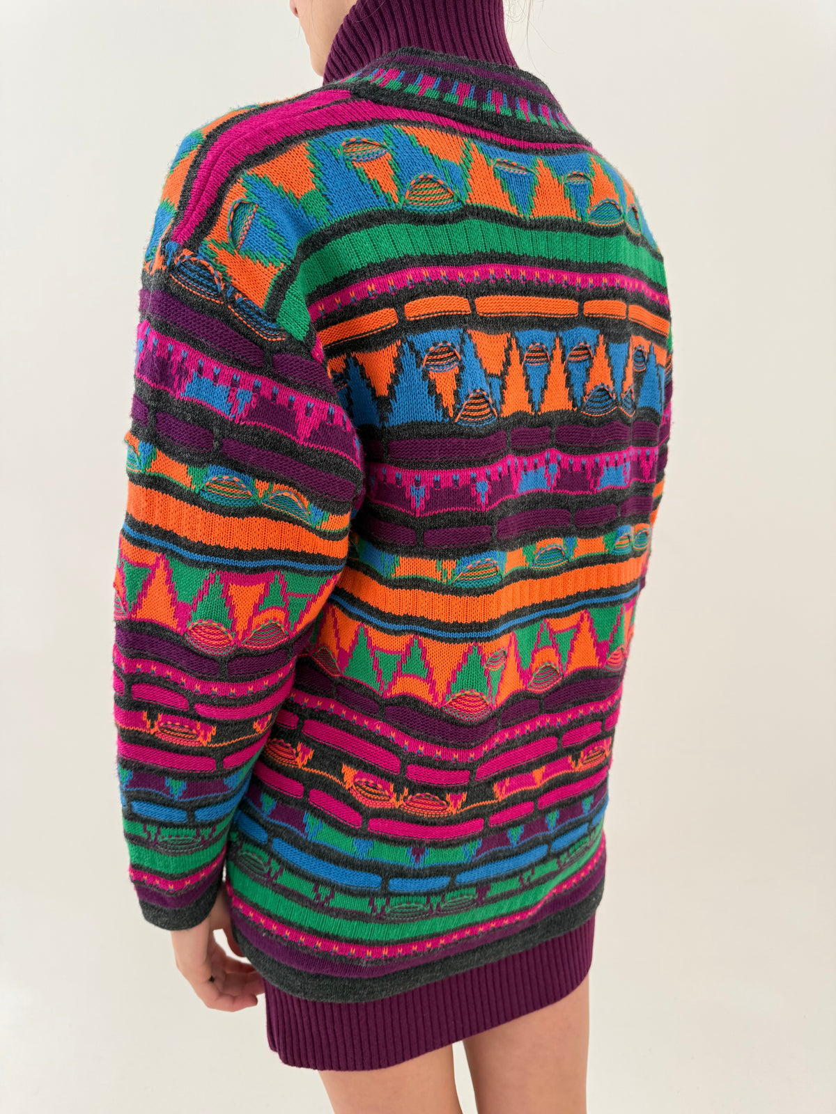 Cardigan vintage super gros din tricot de lana texturat în culori tari excepțional