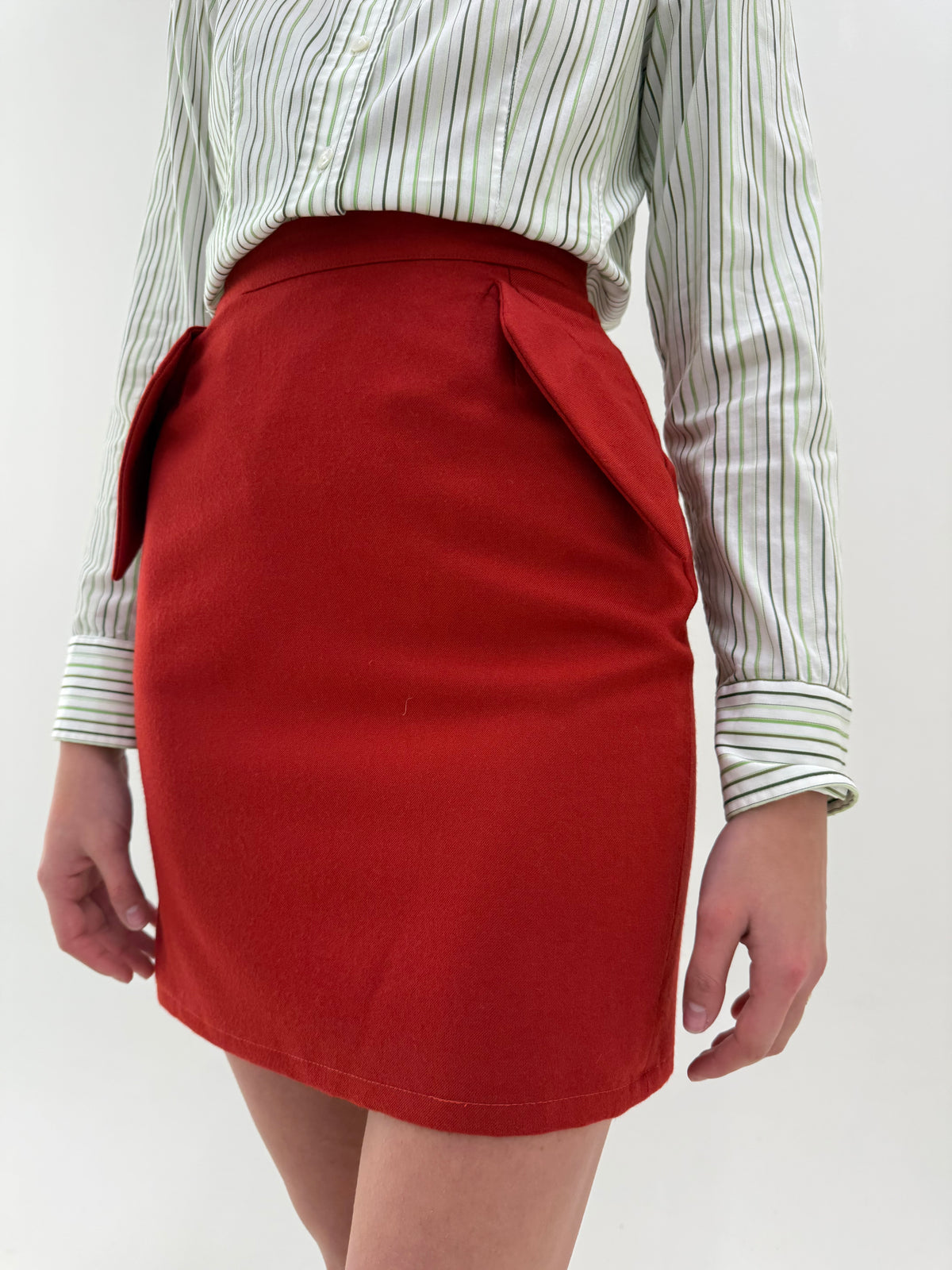 Fustă vintage Missoni creion mini brick red din lana extrafina cu clapete arhitecturale