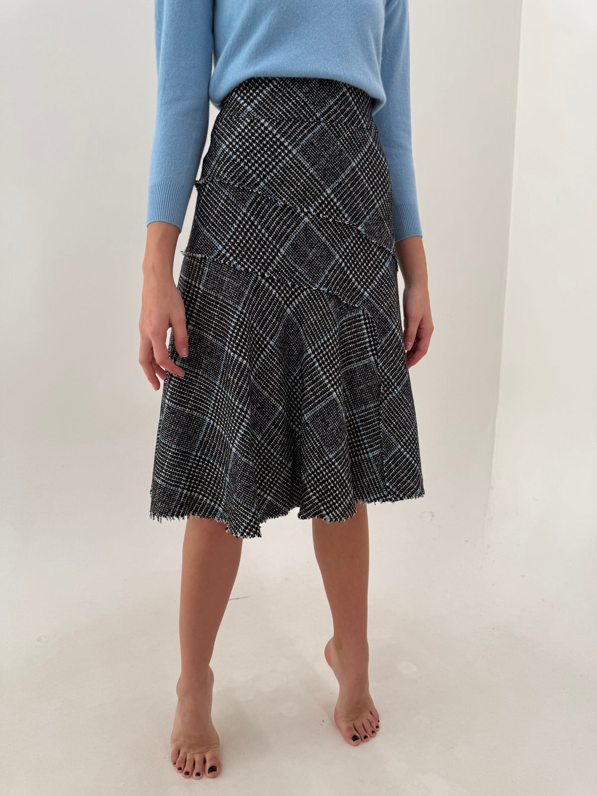 Fustă din tweed de lana cu bumbac oued de coq midi în bie cu inserții baby blue