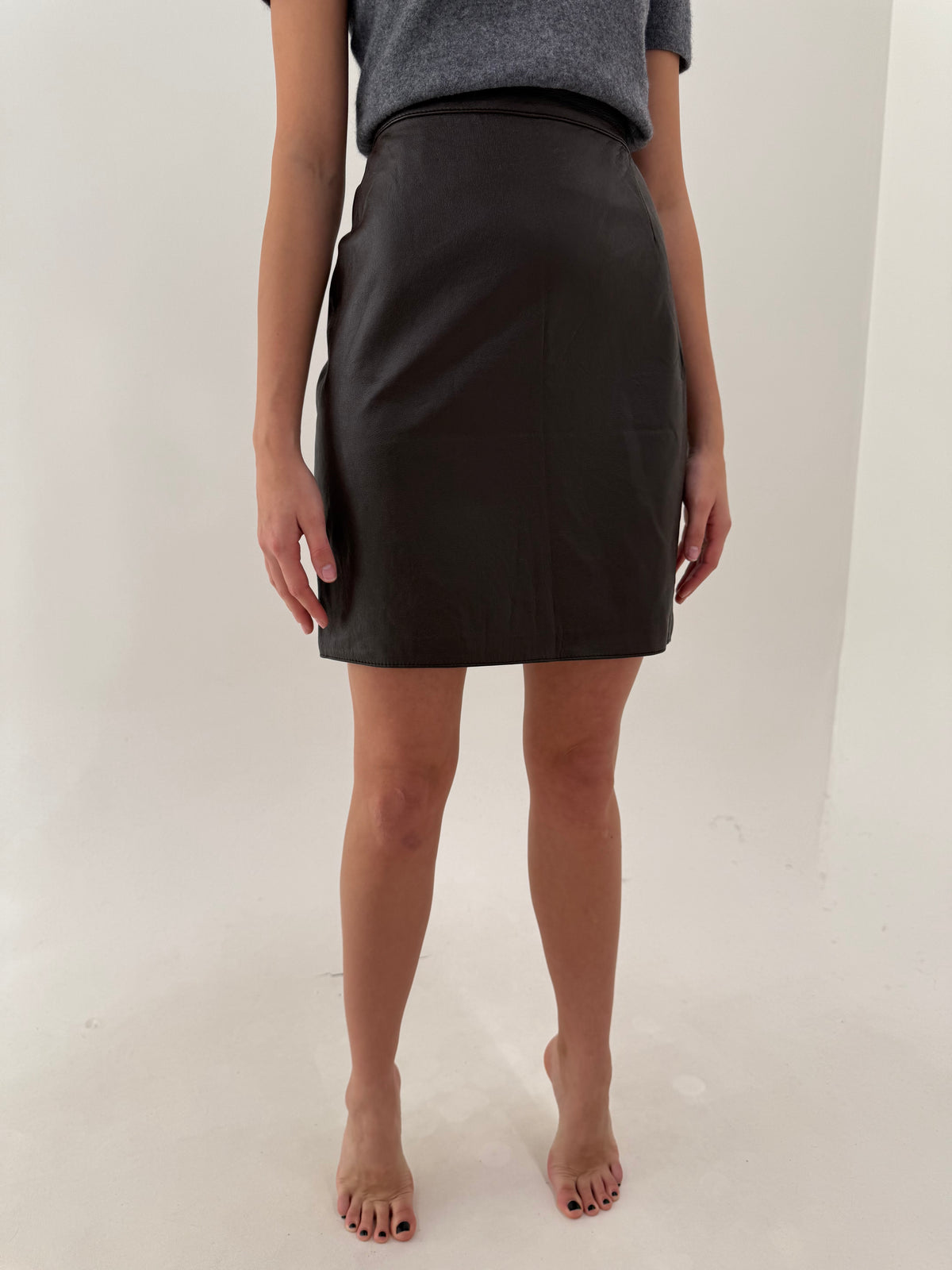 Fustă din piele naturală extra moale cu talie ultra înaltă dark cool brown