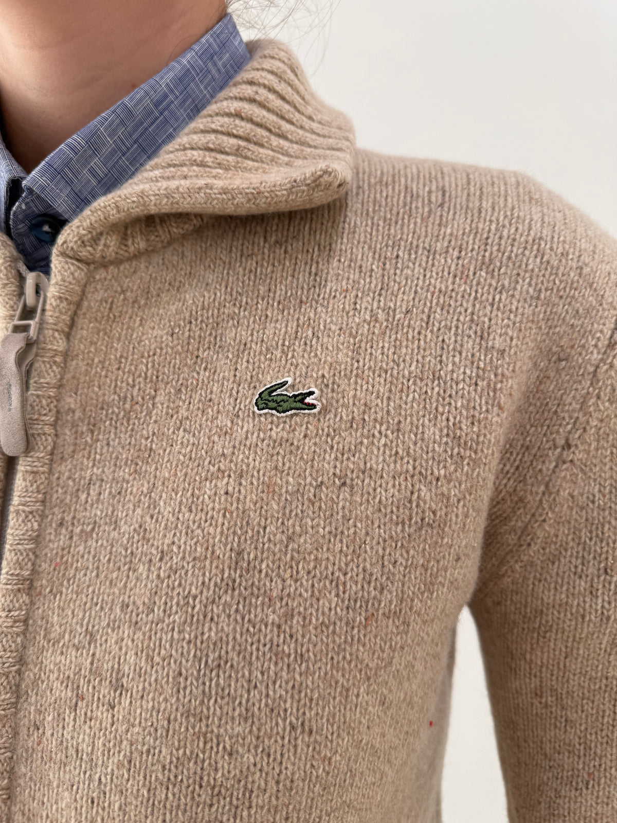 Pulover gros tip jachetă Lacoste din lana melanj camel