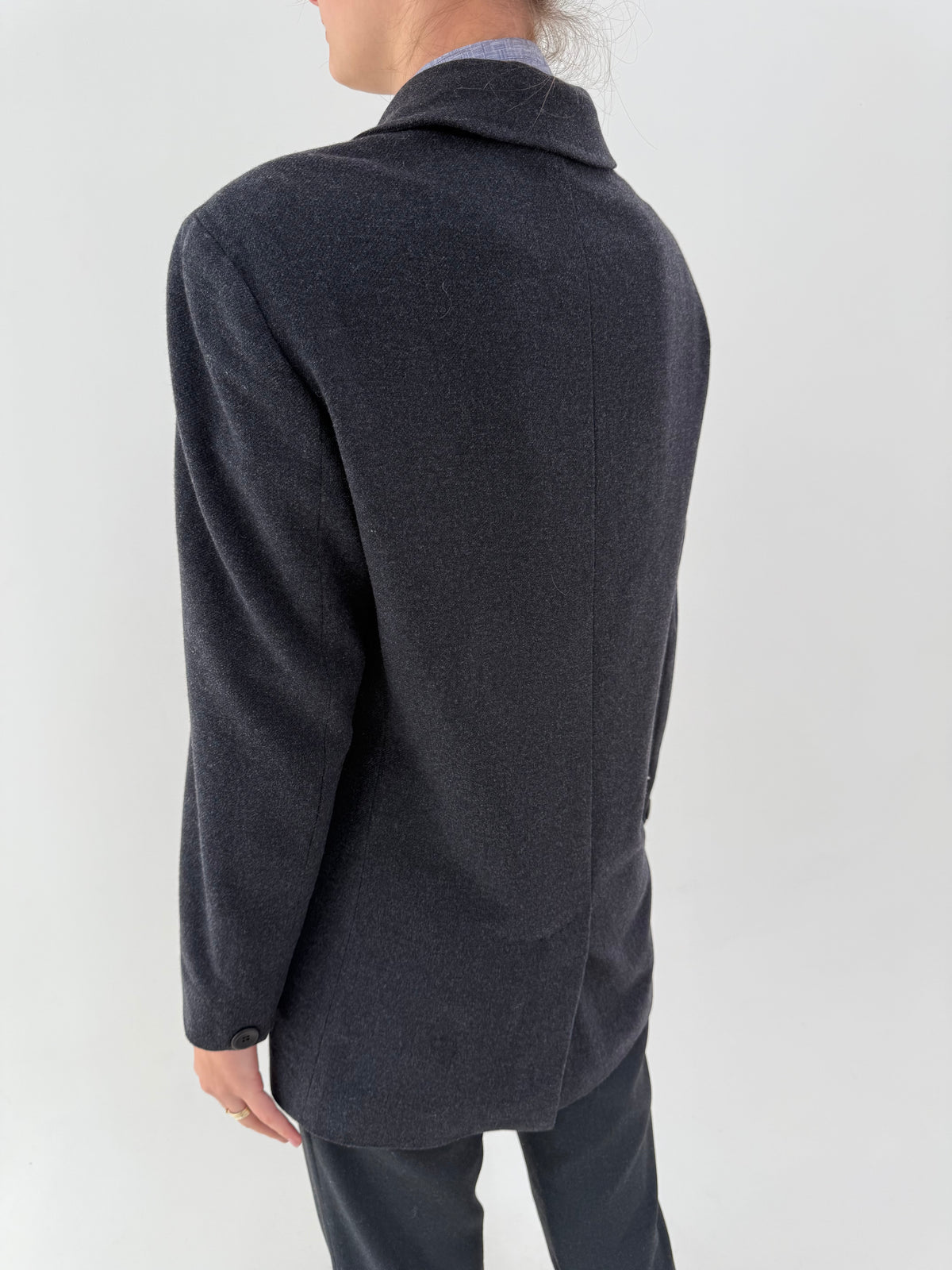 Sacou Max Mara din stofă groasă de lana melanj charcoal gray în croi lung cu buzunare aplicate