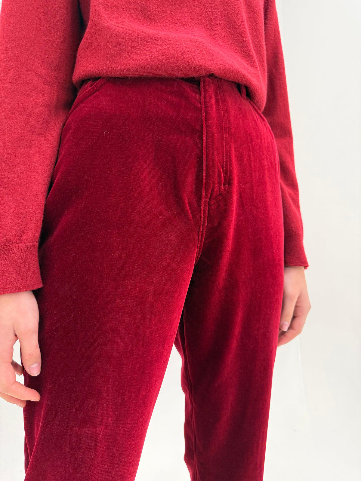 Pantaloni dark red din catifea plină de bumbac dark red cu talie ultra înaltă