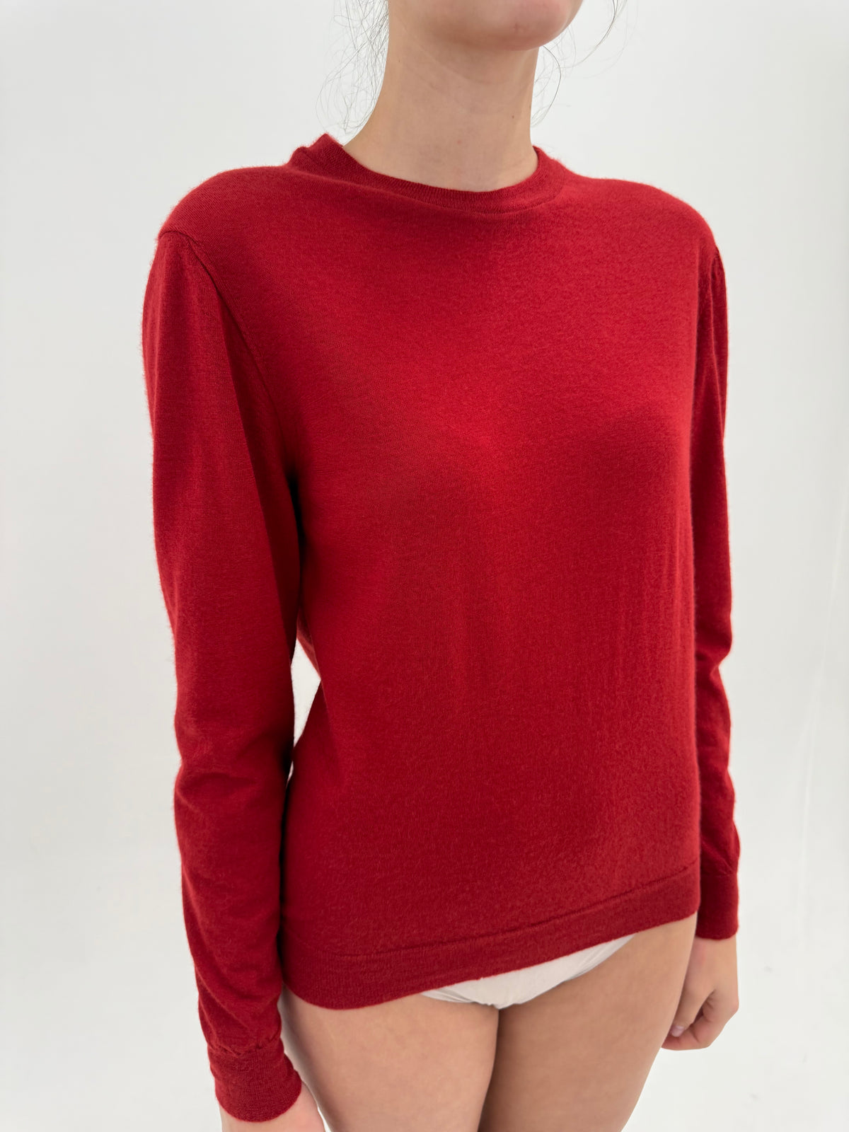Pulover din cașmir extra fin brick red crew neck
