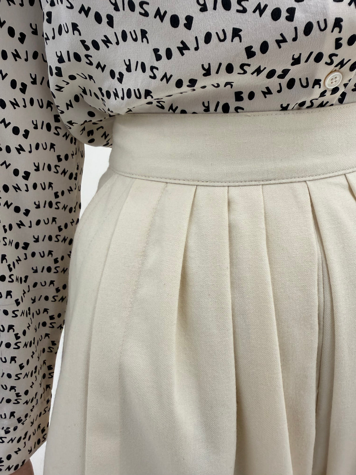 Fustă vintage butter white din lana plină extrafina ultra amplă plisată cu buzunare